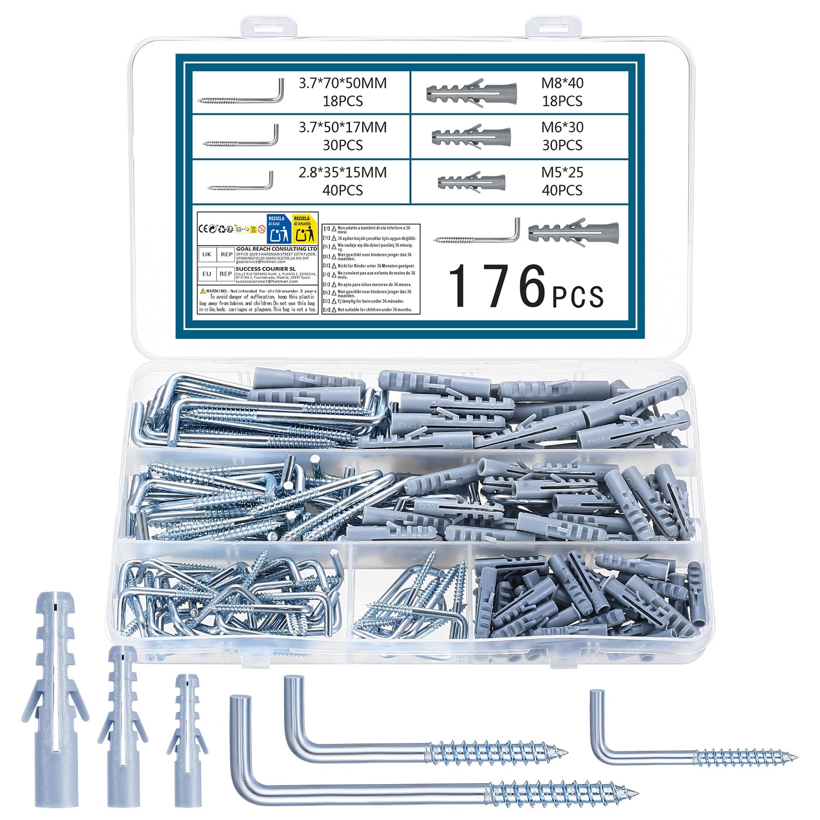 Wonkeken 180 Stück L-Haken Schraubhaken Mit Expansionsrohr, Wandhaken Edelstahl Metallhaken Rechtwinklige Metall Schraubhaken Bilderhaken Fuer Haus, Arbeitsplatz, Buero Aufhaengen 4677866091