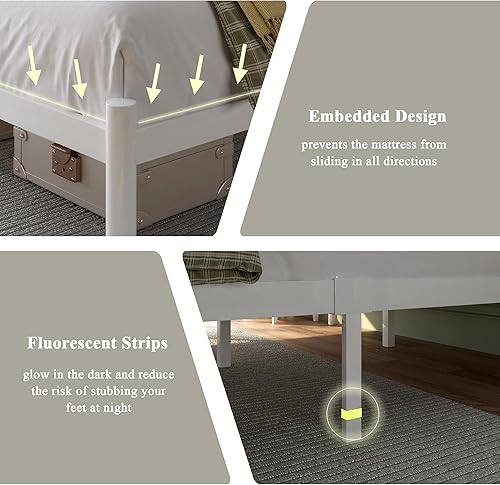 Miniatura 7 de Feonase Base de cama de metal tamaño Queen con cabecera retro, tubo de acero endurecido, almacenamiento debajo de la cama de 12 pulgadas, no