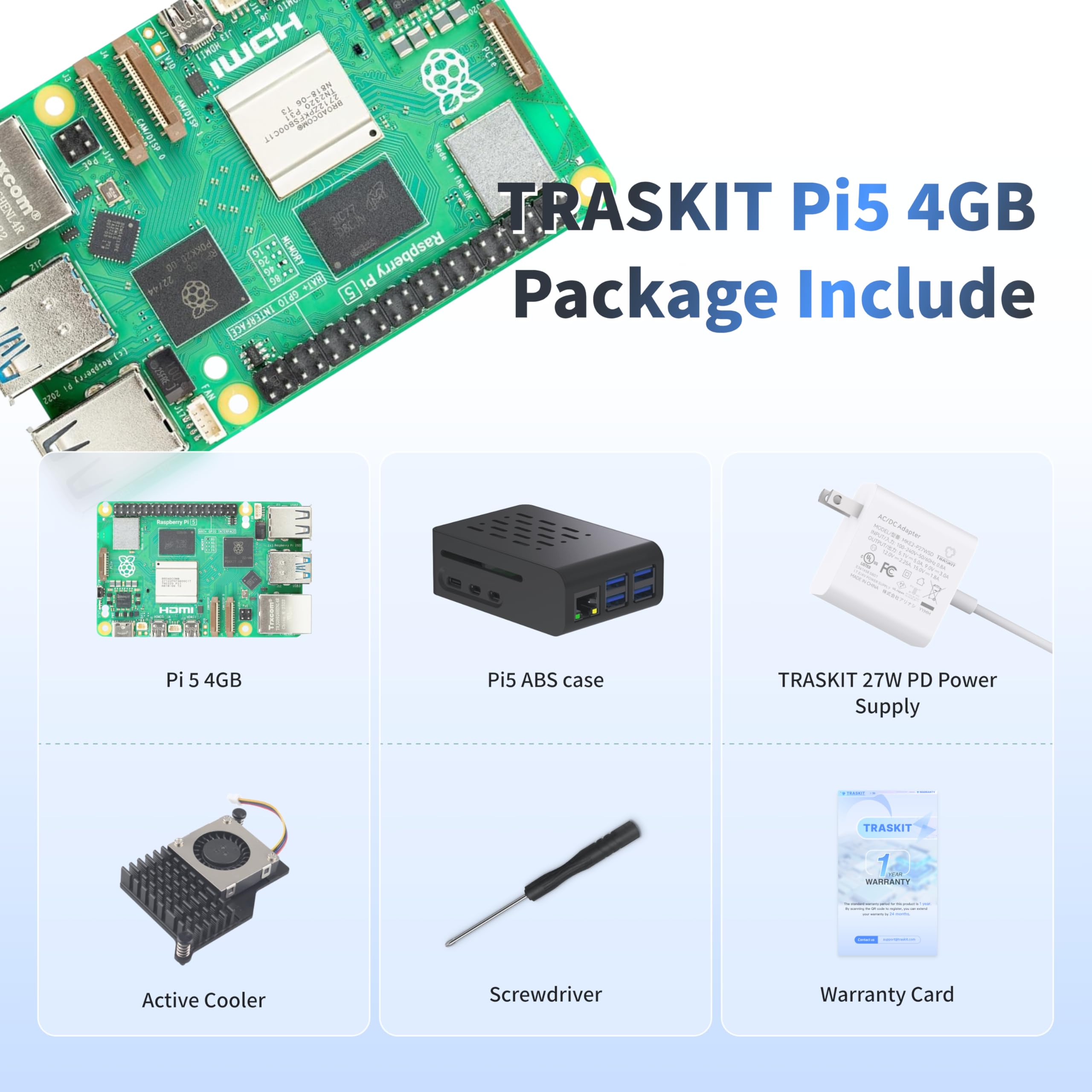 TRASKIT Kit di base per Raspberry Pi 5 4 GB di RAM, alimentatore PD da 27 W, custodia PI5, dispositivo di raffreddamento attivo e scheda singola Pi 5 da 4 GB inclusa