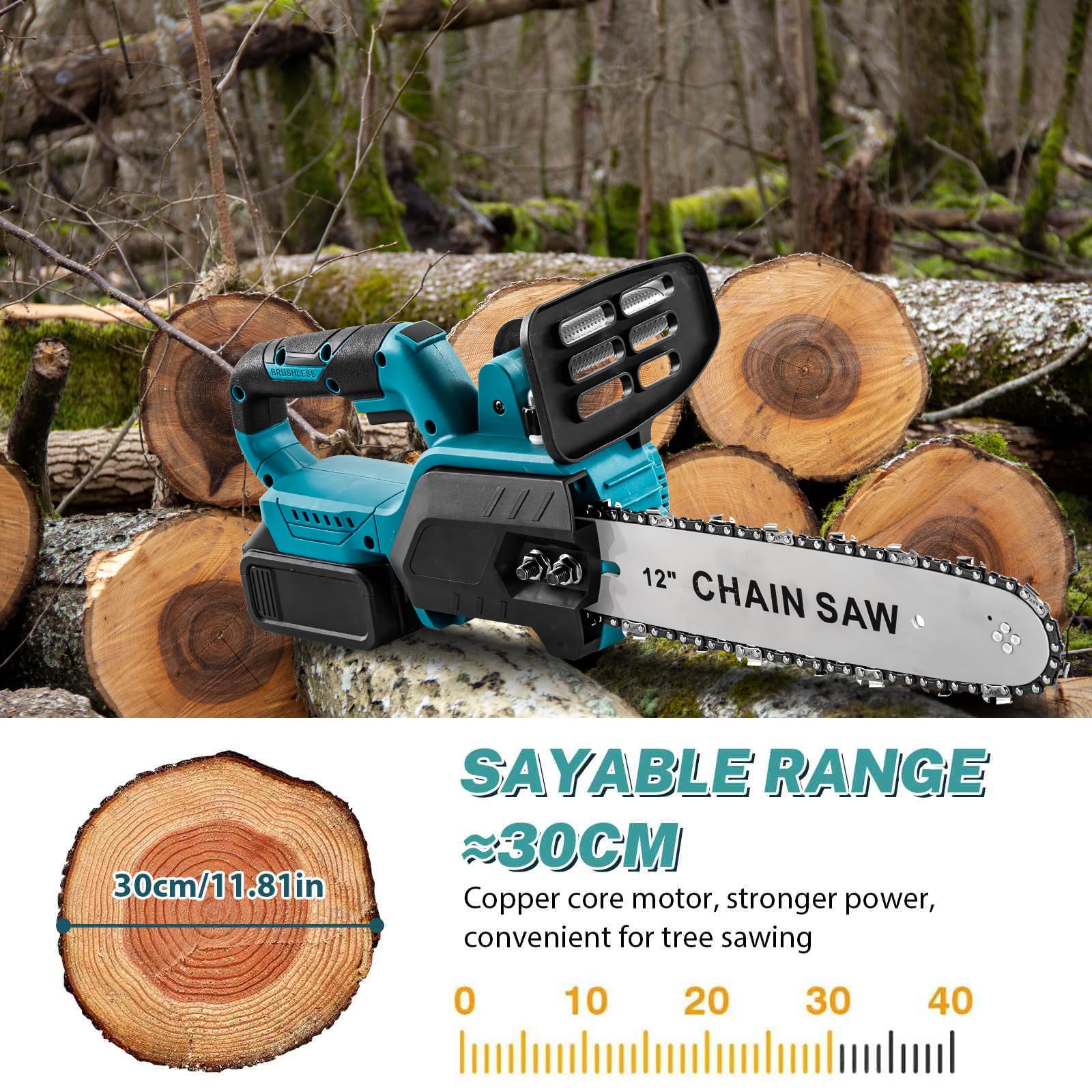 Tronçonneuse sans fil 12 pouces, tronçonneuse électrique 1 500 W, batterie 18 V, livrée avec 2 batteries, moteur sans balais haute performance, adaptée à l'abattage d'arbres et à l'élagage