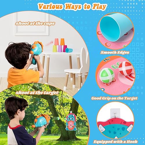 Miniatura 5 de Freekite Paquete de 2 pistolas de juguete de dinosaurio con objetivo, juguetes para exteriores, juegos de dinosaurios, juguetes de tablero de dardos