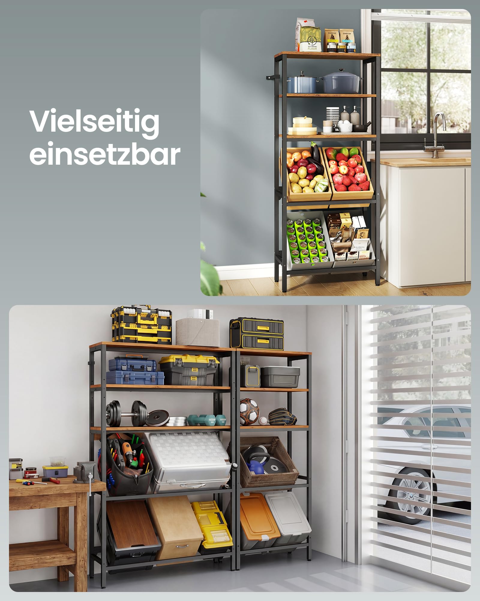 SONGMICS Getränkekistenregal, Aufbewahrungsregal, Jede Ebene bis 150 kg belastbar, Getränkeregal, Küche, Wohnzimmer, Garage, 2 Ebenen für 4 Kisten, 3 Ablagen, vintagebraun-tintenschwarz BSC375K101