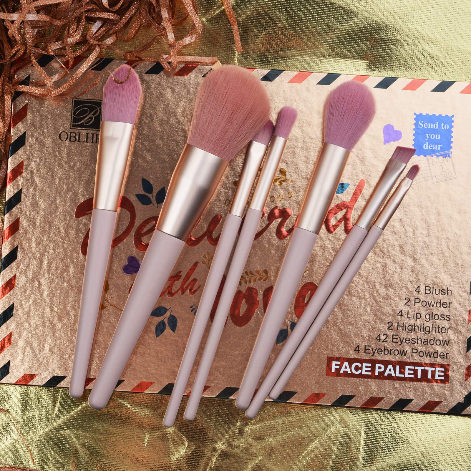 Palette di ombretti con 7 pennelli da trucco, 42 colori, impermeabile, a prova di sudore, cipria, lucidalabbra, lucidalabbra, cipria, tutto in uno, kit regalo