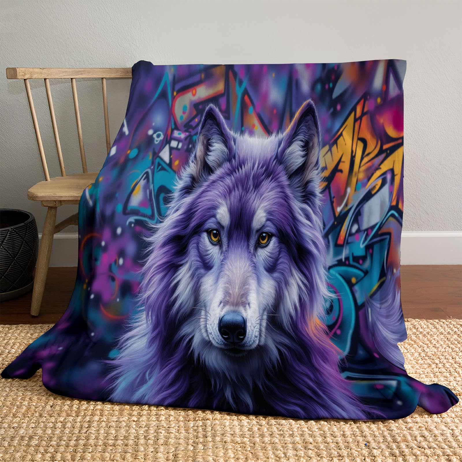 Plaid couverture polaire animaux loup flanelle douce chaude violet 200x220cm