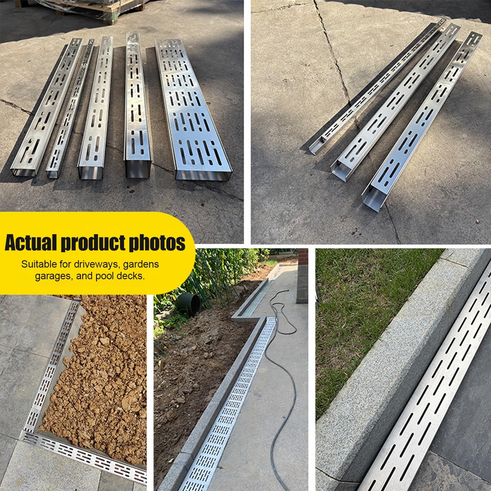 Wytrzymały system odpływowy z metalową kratką, rynna drenażowa do garażu, basenu, patio