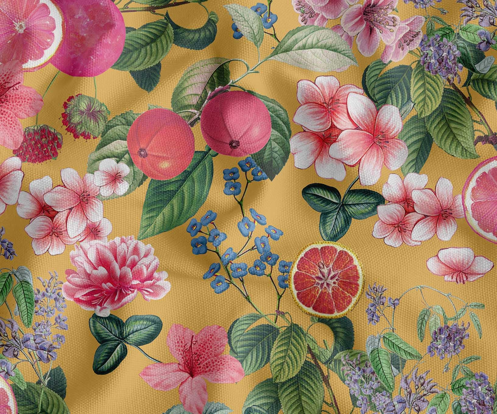 Soimoi Toile de coton | 142 cm de large, vendue au mètre | Motif fruits – Ocre | Tissu résistant de poids moyen pour sacs, rideaux, loisirs créatifs et décoration