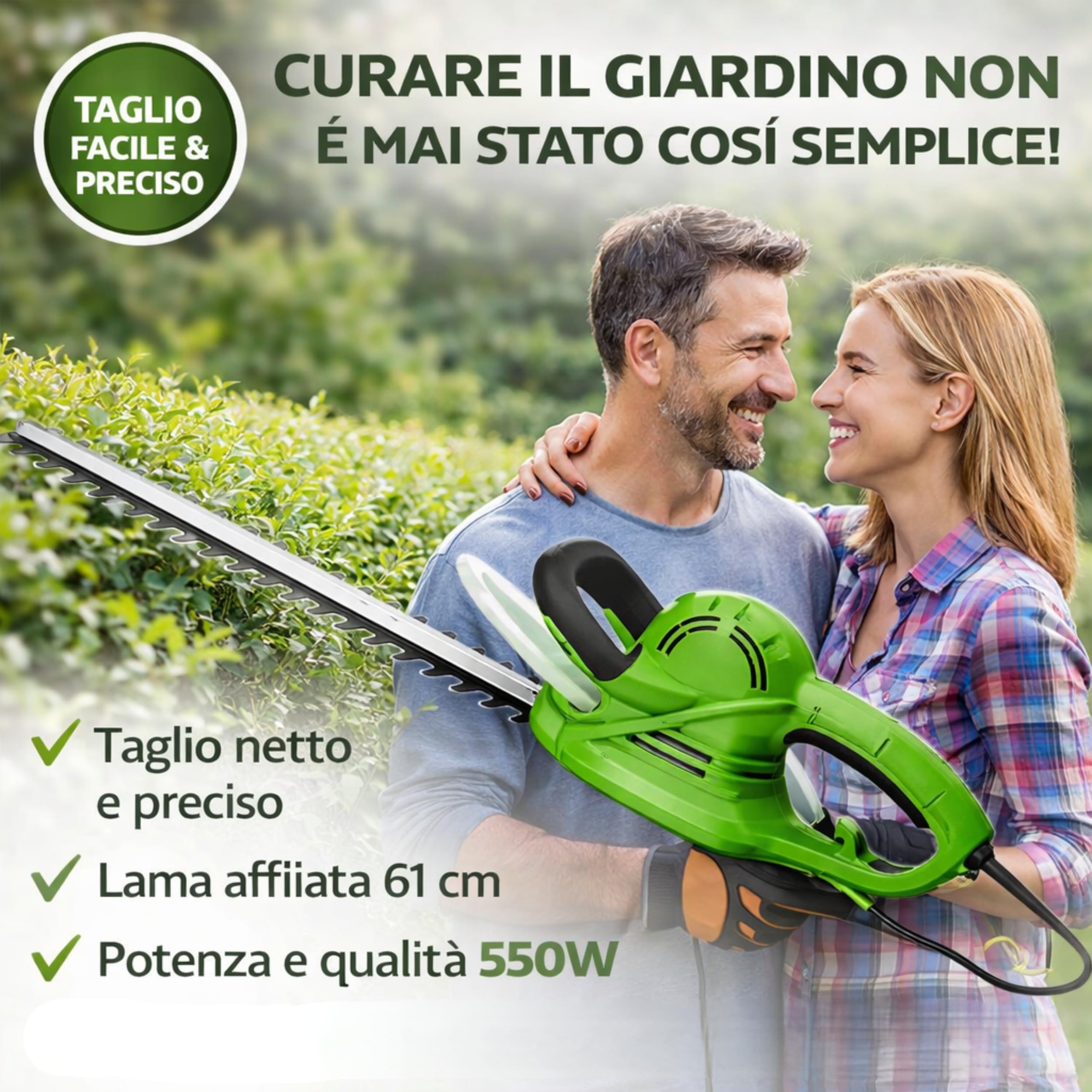 Tagliasiepi Elettrico 550W - Lama Doppia Azione Da 61 cm PERFETTO PER RAMI DURI - Taglio 20 mm - Freno Elettrico INTEGRATO - Tagliasiepi Elettrico con Filo - LEGGERO e POTENTE per Giardino