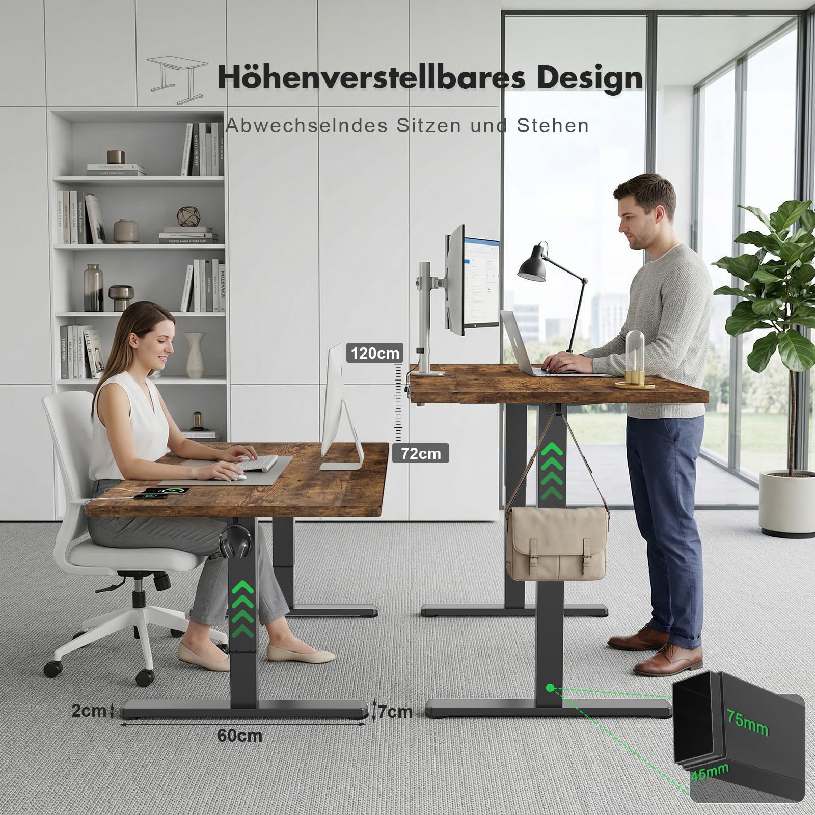 Flamaker Hoch- und Sitztisch 180x80 cm - elektrisch regelbar mit Kabelmanagement - Dettaglio