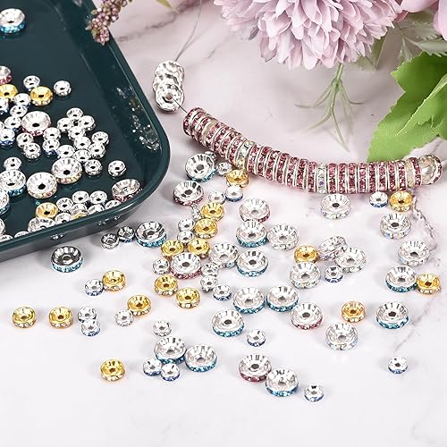 Miniatura 5 de uxcell 100 cuentas espaciadoras Rondelle de 0.472 pulgadas chapadas en plata, cuentas espaciadoras blancas AB con diamantes de imitación blancos,