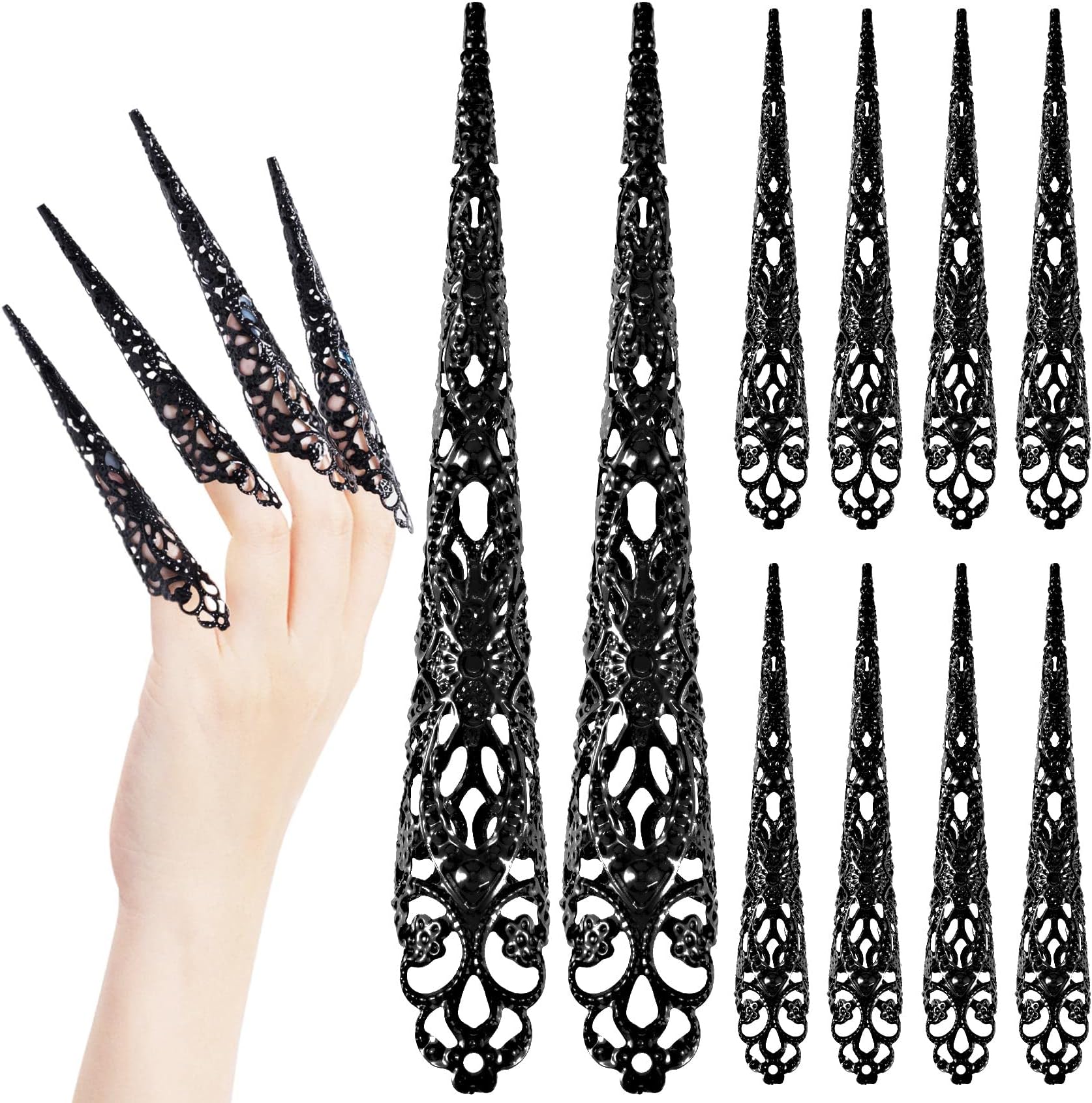 ANCIRS 10 Pack Finger Nail Tip Claw Rings, Ancient Queen Costume Fingertip Claw Nail Rings Decoration Accessory, Finger Knuckle Protectors for Halloween Cosplay Drama Dance Show- Black
