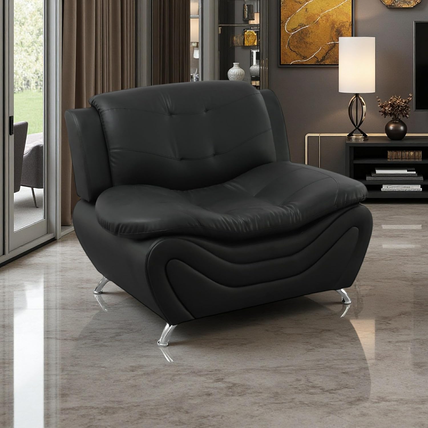 Modern Faux Leather Loveseat Set, Living Room Furniture, Black Leather Sectional Sofa Sets for Bedroom/Office/Apartment/Living Room