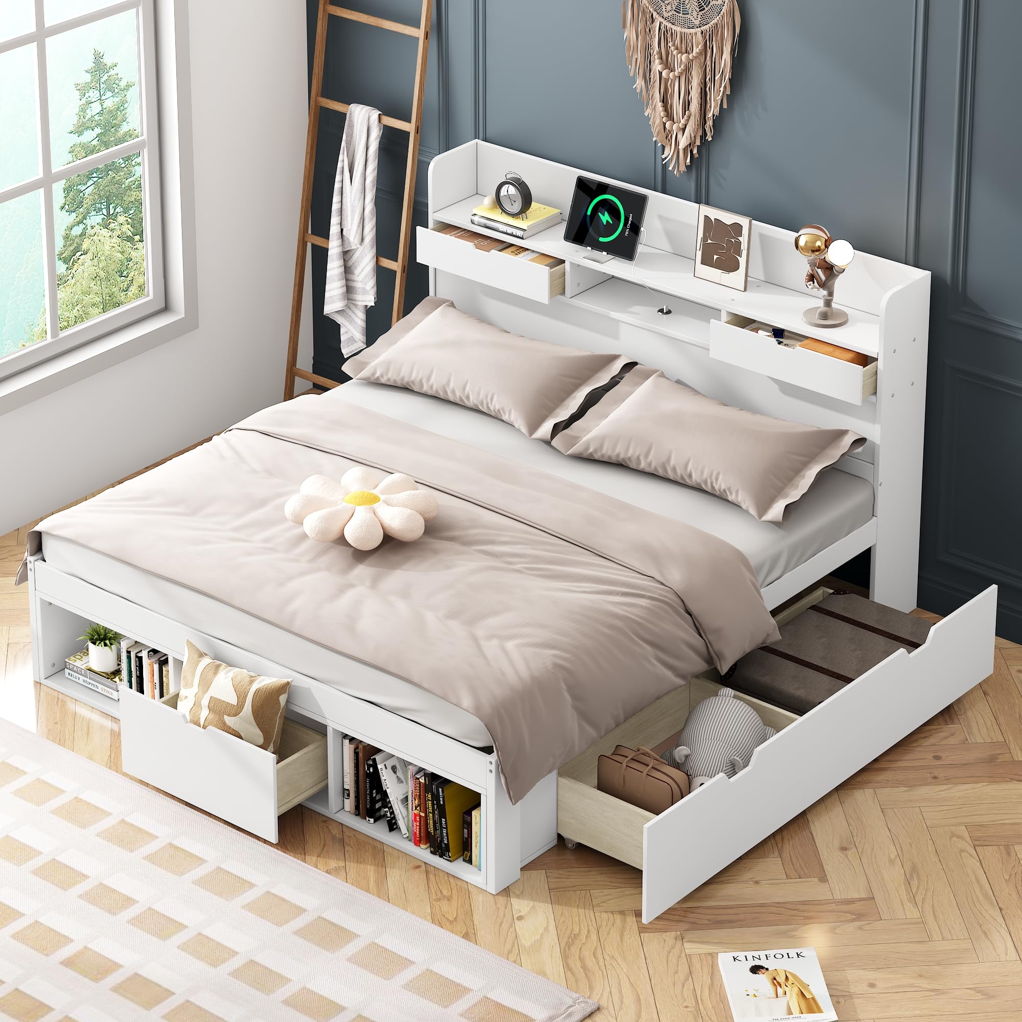 Rtopsu Rtopu Letto Matrimoniale in Legno 140x200 cm con Testiera USB, Letto con 3 Cassetti Contenitore e Portaoggetti, Struttura del Letto con Rete e Doghe, Bianco, Senza Materasso