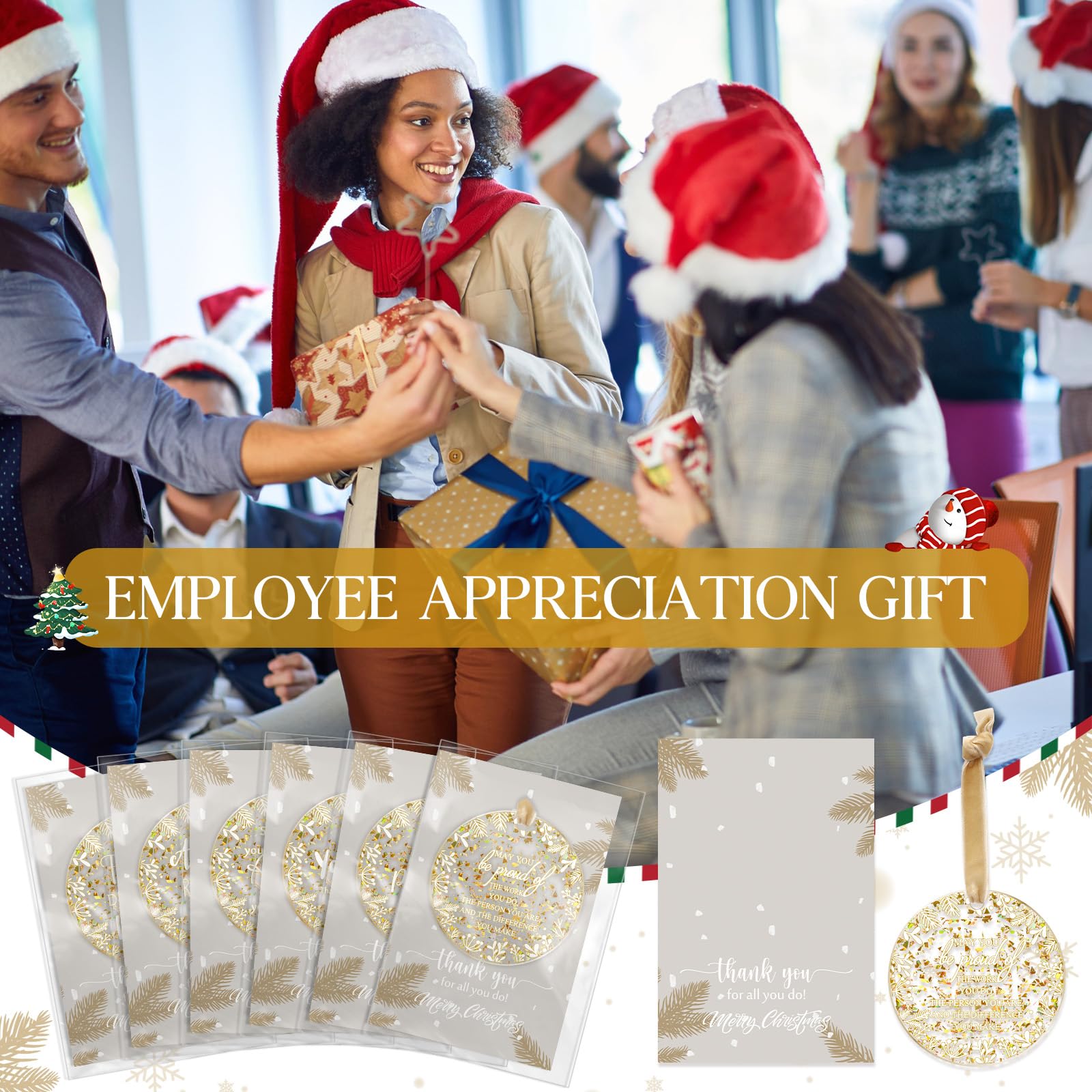 Kasyat Lot de 50 décorations de Noël à suspendre en acrylique doré - Cadeaux de remerciement pour employés, employés - Ornements de sapin de Noël avec cartes - Ornements de remerciement pour équipe,