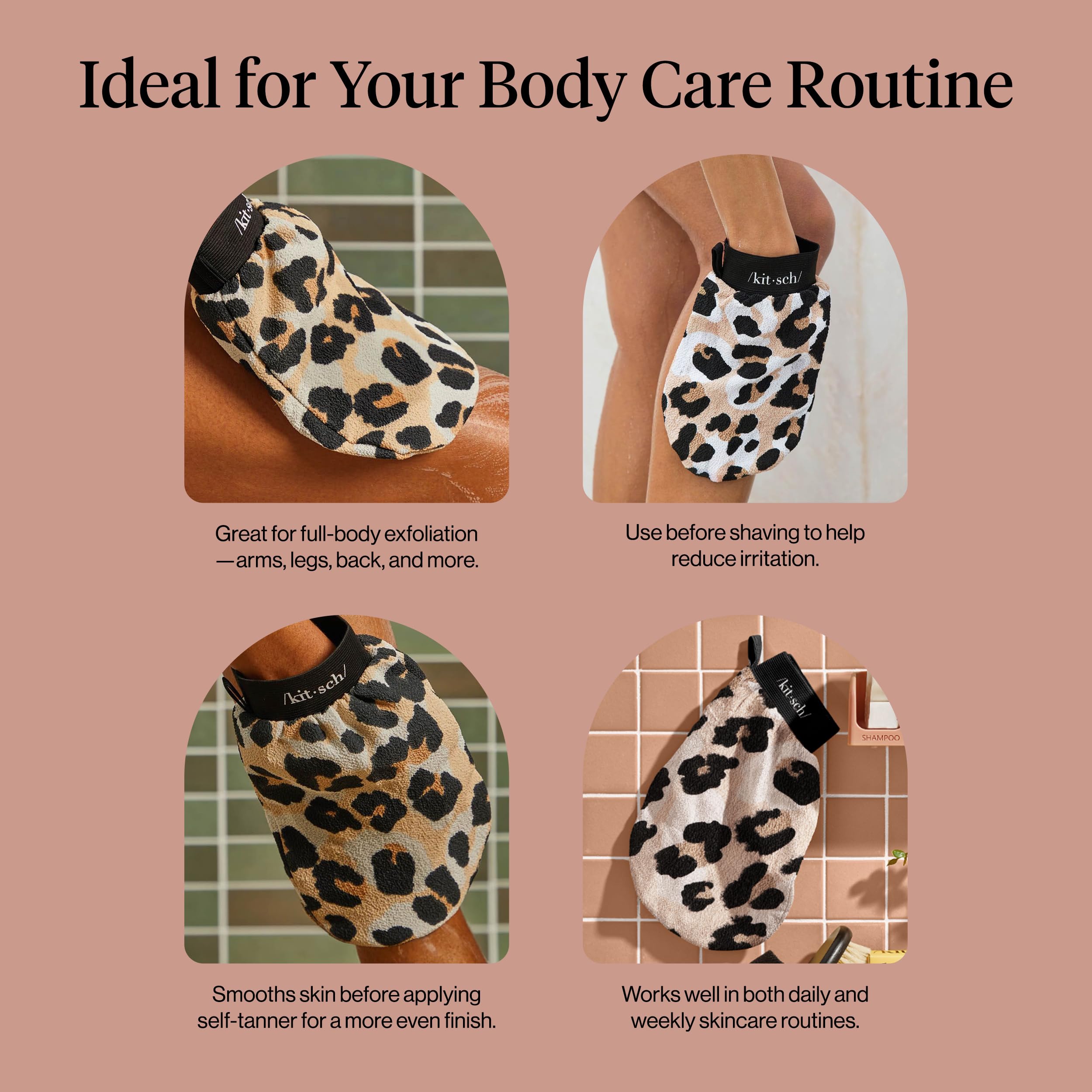 Kitsch Exfoliating Gloves – Korean Exfoliating Mitt and Deep Exfoliating Body Scrubber for Shower Bath, Body Scrubber Exfoliator, Dead Skin Remover, Skin Care for Smooth Renewed Skin - 1pc, Leopard