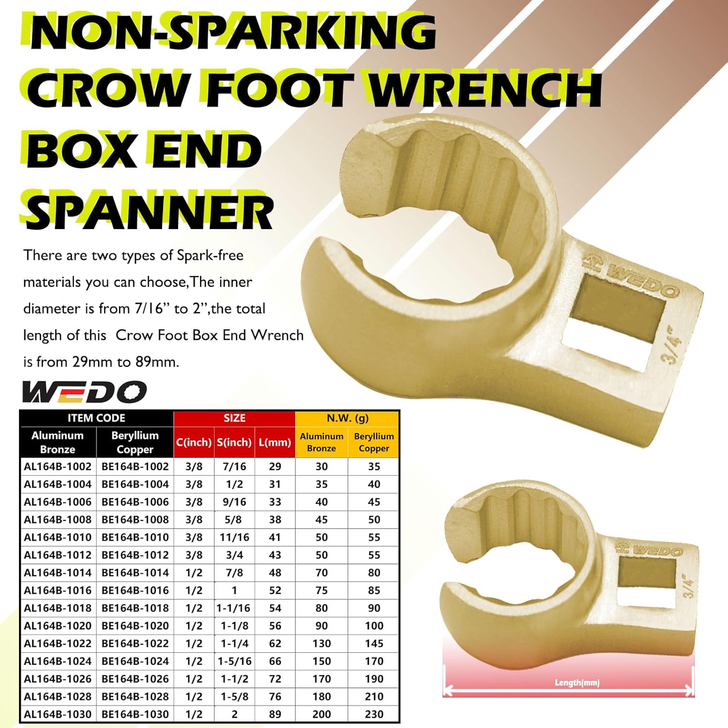 WEDO Non-Sparking Crow Foot Box End Wrench, Spark-free Safety Spanner,Aluminum Bronze,DIN Standard, BAM & FM Certificate 1-1/2 Inch Width Imperial