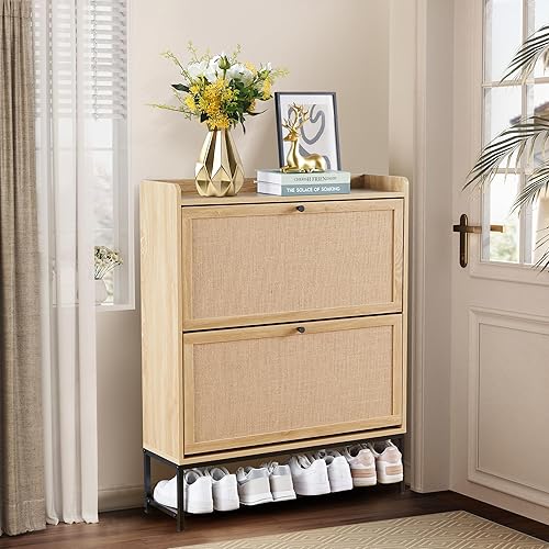 Miniatura 8 de LEVNARY Zapatero con 2 cajones abatibles, estantes estrechos de madera para zapatos, organizador de zapatos oculto independiente con patas de metal