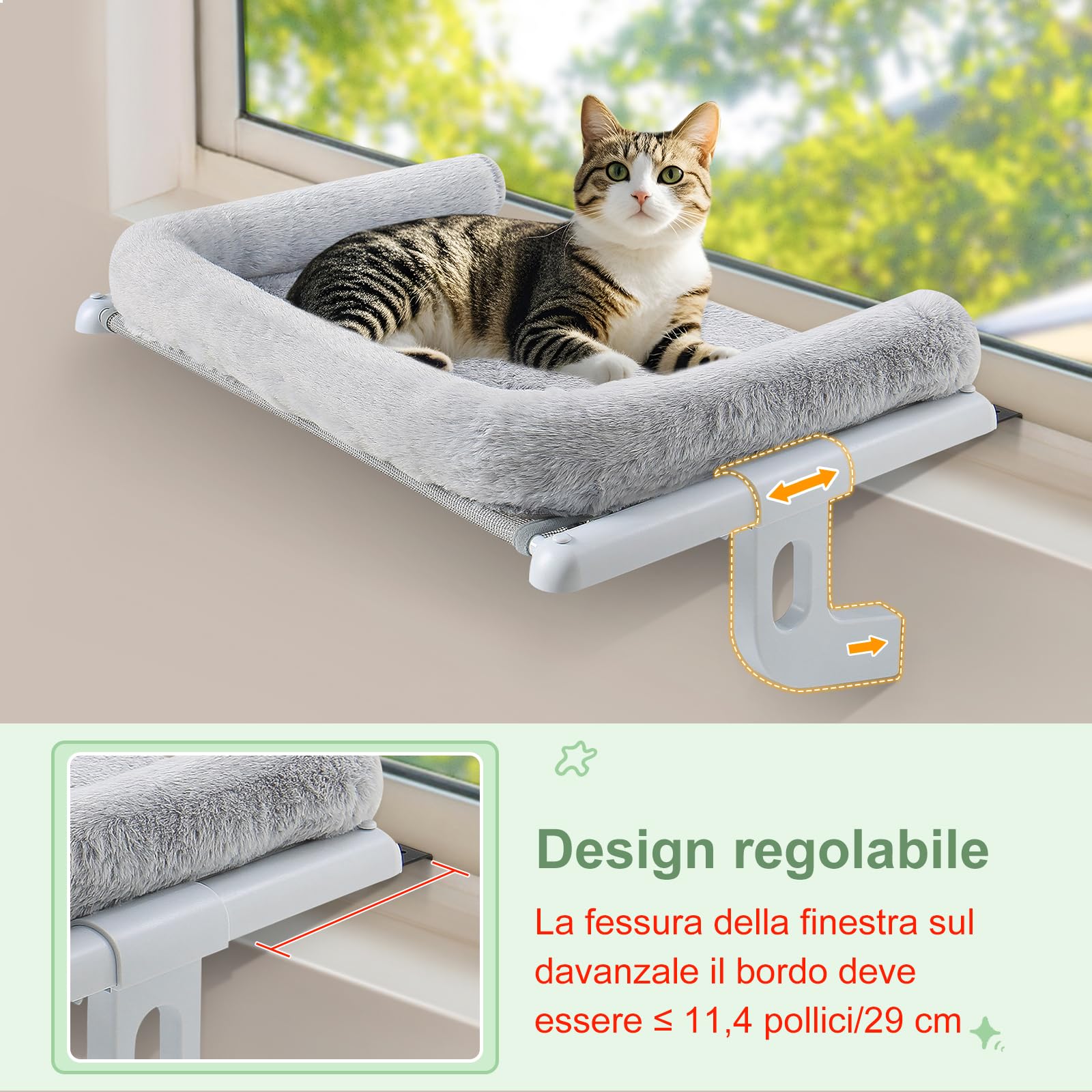 GUUSII HOME Amaca per Gatti da Finestra Cuccia Gatto Morbida da Interno Letto Regolabile Cucce Trespolo Facile da Montare e Spostare per Comodino Robusta 63 * 38cm Sostenere Fino a 18kg(Grigio,L)