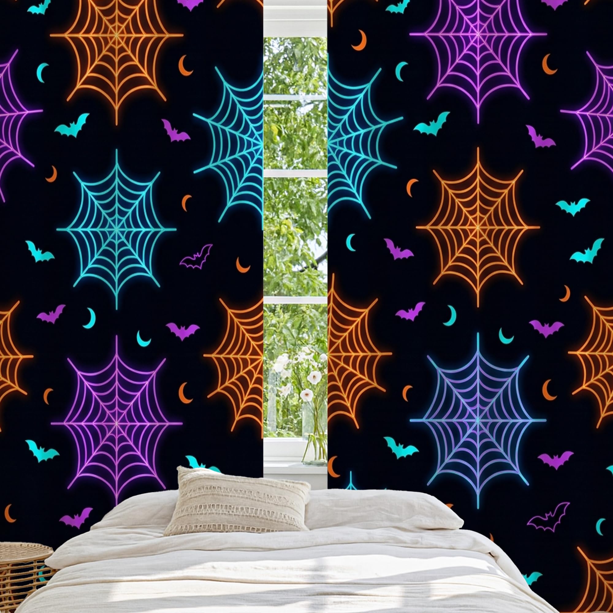 Cortinas opacas de telaraña, murciélago espeluznante, violeta, Halloween, negro, sin arrugas, para decoración de sala de estar, cocina, 52 x 95 pulgadas