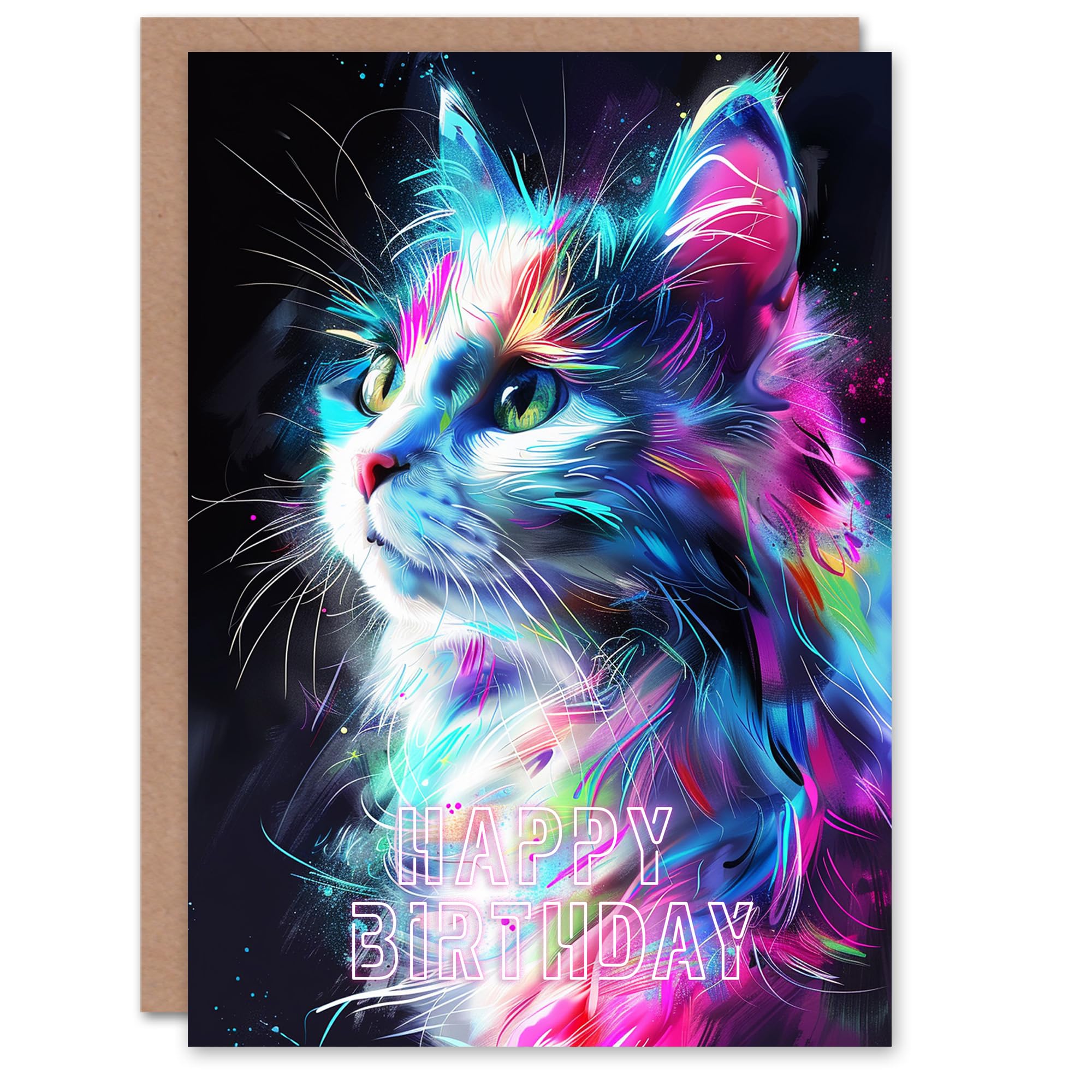 Artery8 Birthday Card Cat Lover Colourful Neon Kitty Portrait For Her Gran Sister Niece Daughter Wife Woman Greeting Card