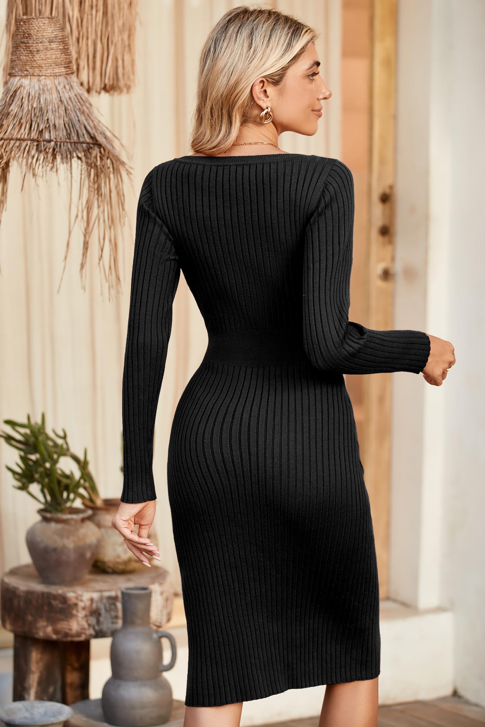Newshows Robe Pull d'hiver à Manches Longues et col en V pour Femme, Robe tricotée élégante avec Ceinture