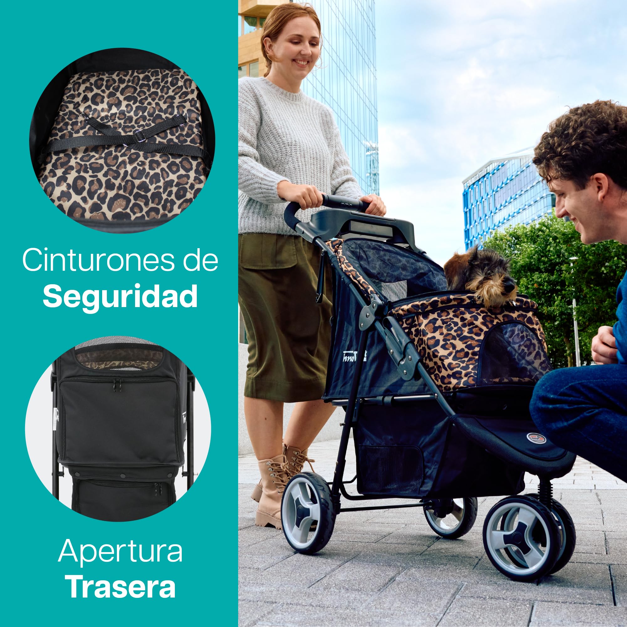 Innopet Carrito Allure Cheetah - Cochecito con estampado de leopardo, ruedas antipinchazos, plegado rápido, hasta 20kg, con cesta y 2 correas de seguridad