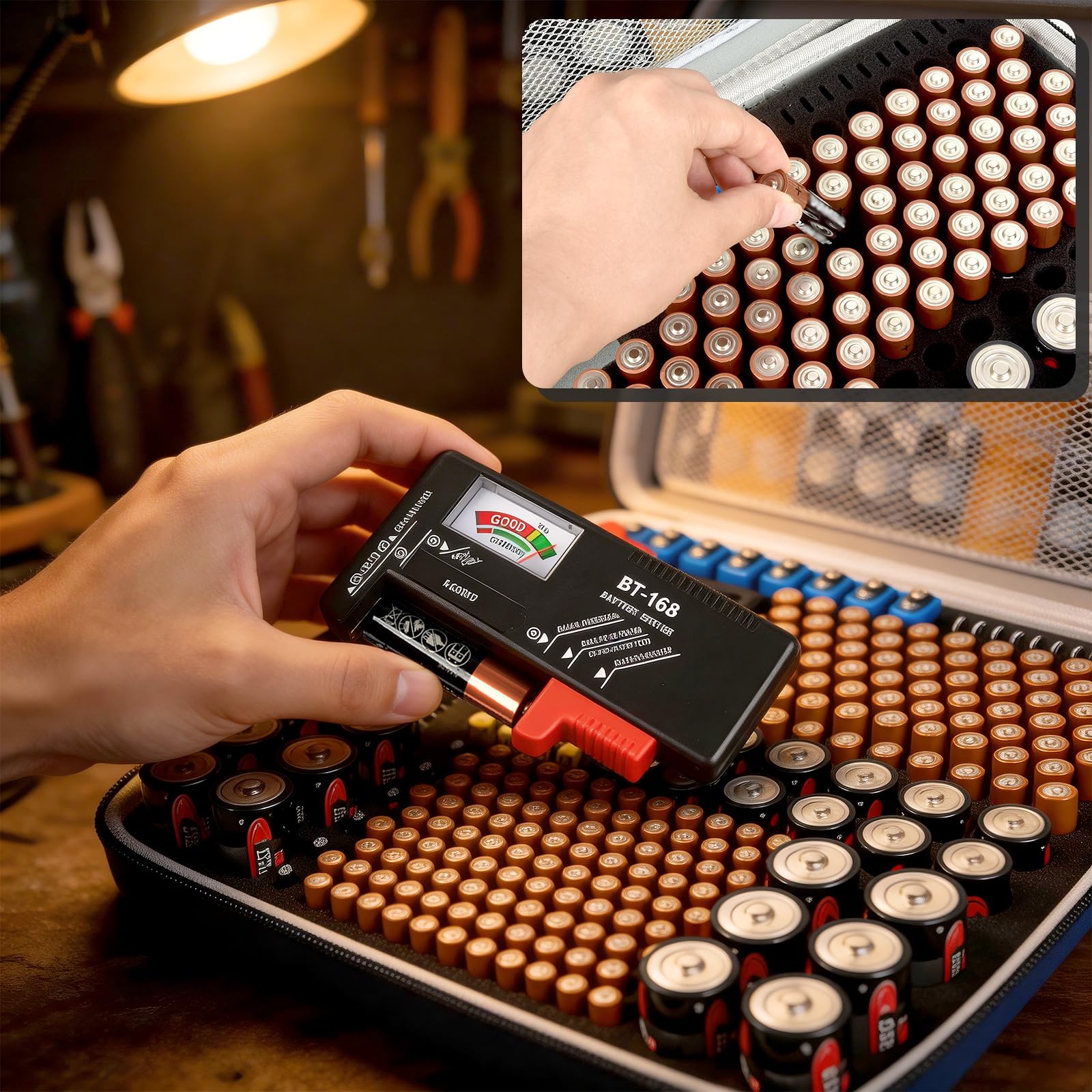 Boobowl Scatola di memoria extra grande, custodia rigida – può contenere fino a 300 batterie AA AAA C D 9 V al litio 3 V con tester per batteria (solo scatola) (X-Large)