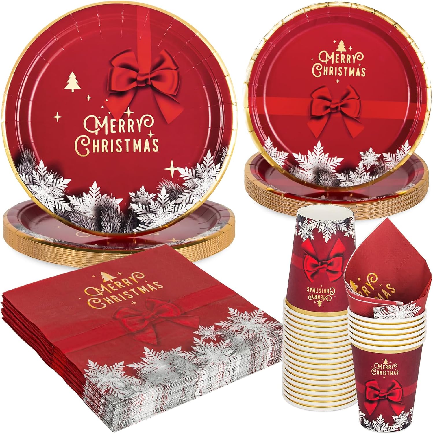 PARTY GO 96 Pcs Christmas Party Tableware Set for 24 People Include：Christmas Paper Plates