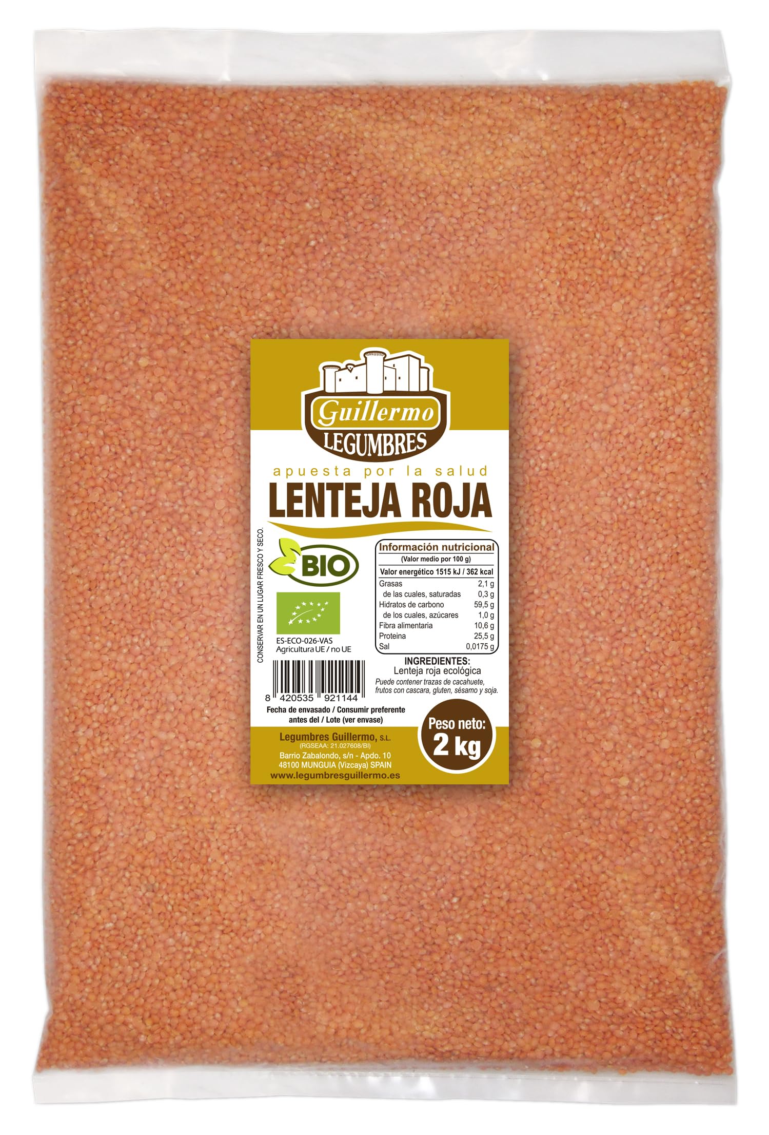 Guillermo | Lenteja roja BIO - Bolsa 2 kg. | 100% ecológica | Hidratos de carbono de calidad | No necesita apenas estár a remojo antes del cocinado gracias a su pequeño tamaño