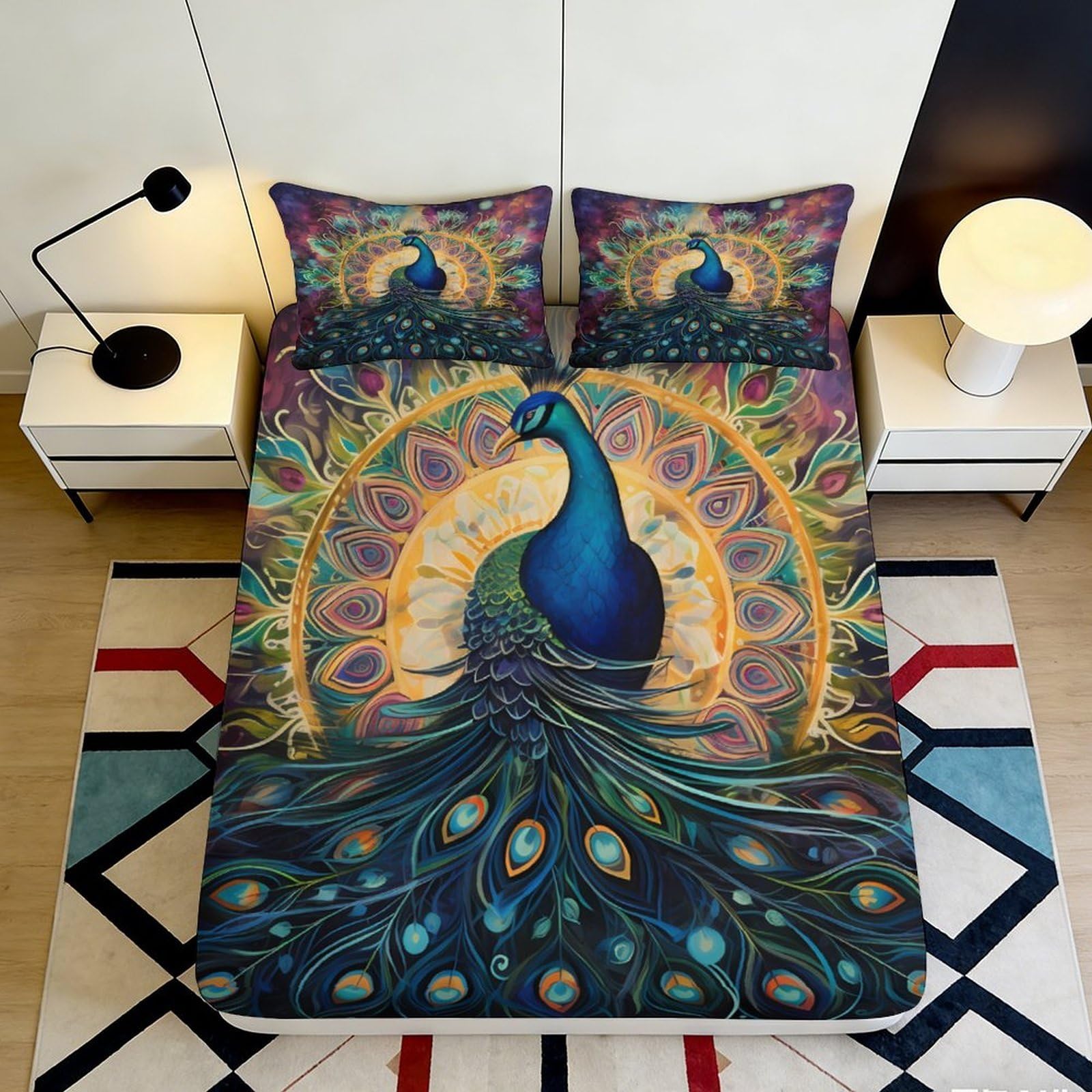 3D Printed Peacock Fitted Sheet Microfiber Soft Breathable Mandala Bed Cover for Bedroom Dormitory Guest Room Mattress Protection Decor 180x200x25cm