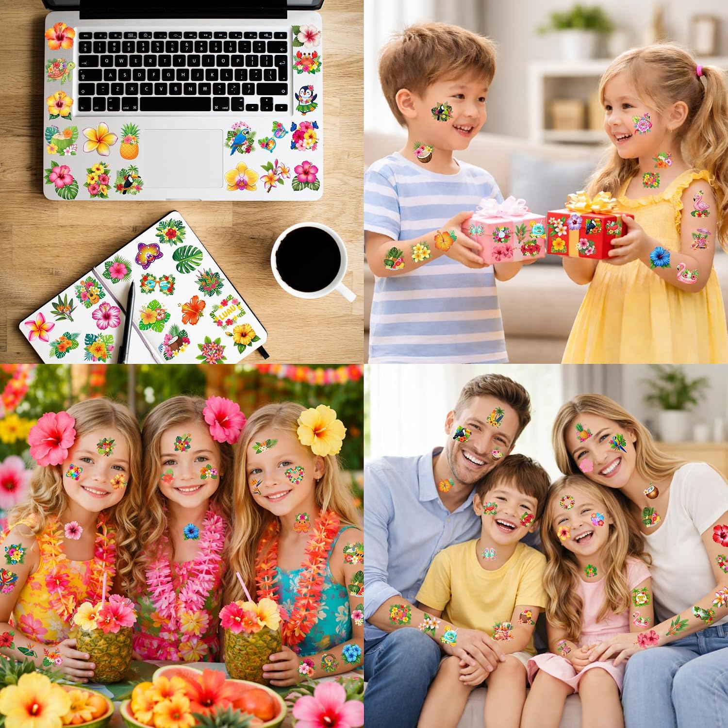 Tropical Flower Hawaiian Temporary Tattoos for Kids - 96 PCS Pre-cut Hawaii Luau Hibiscus Plumeria Party Favors Flower Summer Waterproof Stickers for Summer Aloha Party Decoration Supplies
