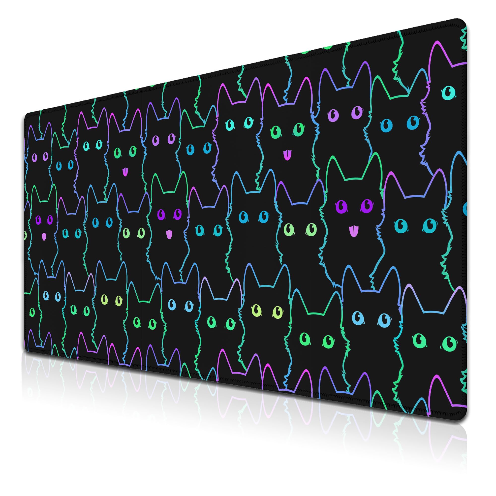 Samgula Big Mouse Pad Black Purple The Desk Pad Computer Mouse Pads Keyboard Pads Deskmat Waterproof Non-Slip Rubber Base 35.4" X 15.7" for Game Office, Cartoon Cat with Neon Lines Design