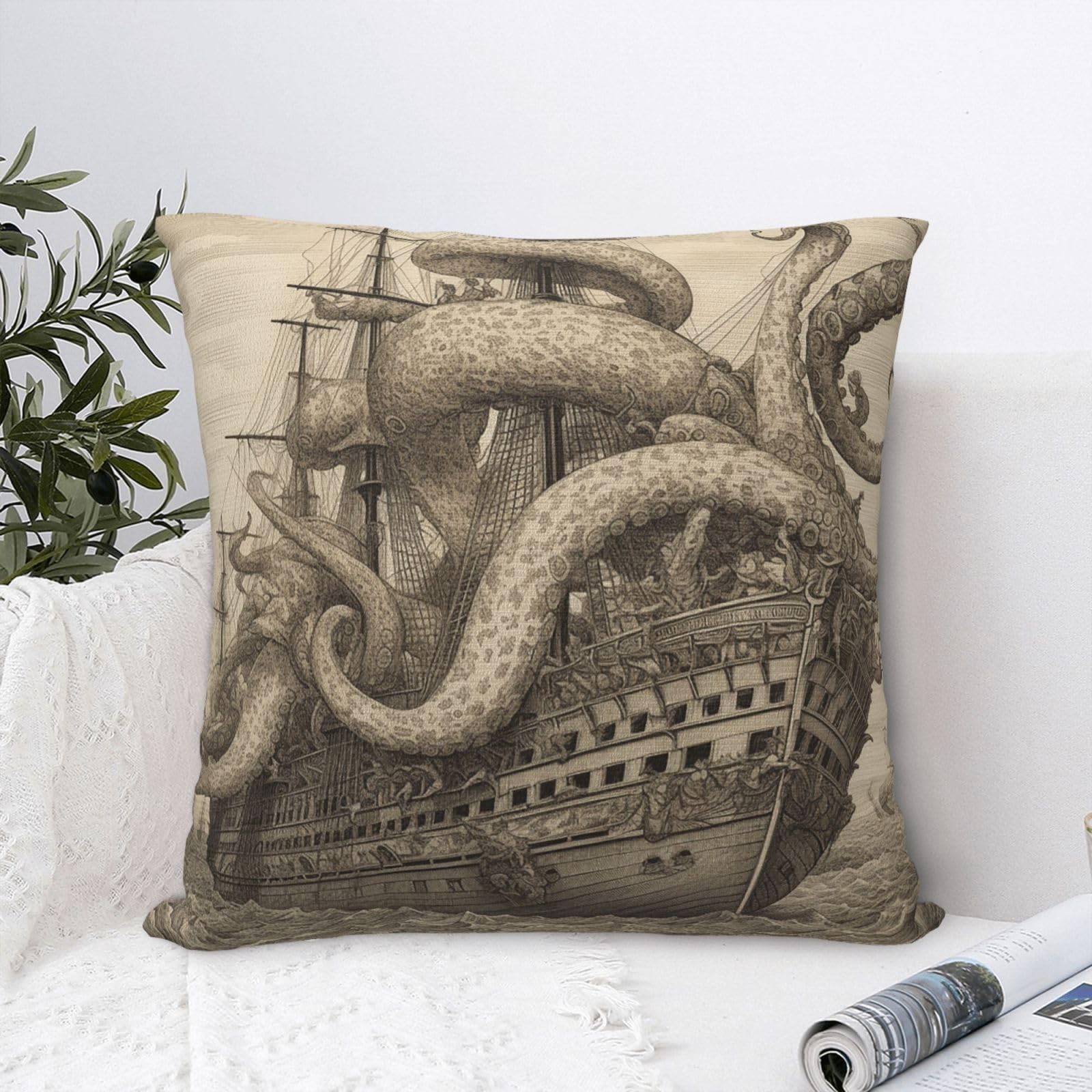 FodPand Luxury Velvet Throw Pillow Covers 18"x18" Super Soft Decorative Pillow Cases - Sailing Pirate Octopus Pillowcases Modern Lumbar Cushion Cases for Couch Sofa Bed Pillow Shams