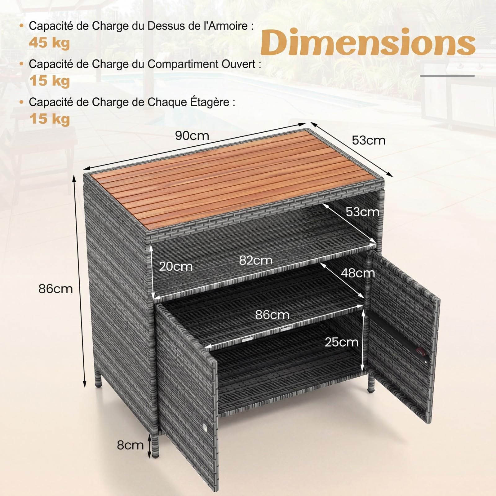 COSTWAY Armoire de Rangement Exterieur en Rotin, Jardin avec Plateau en Bois d'Acacia, Buffet 2 Portes, Gris