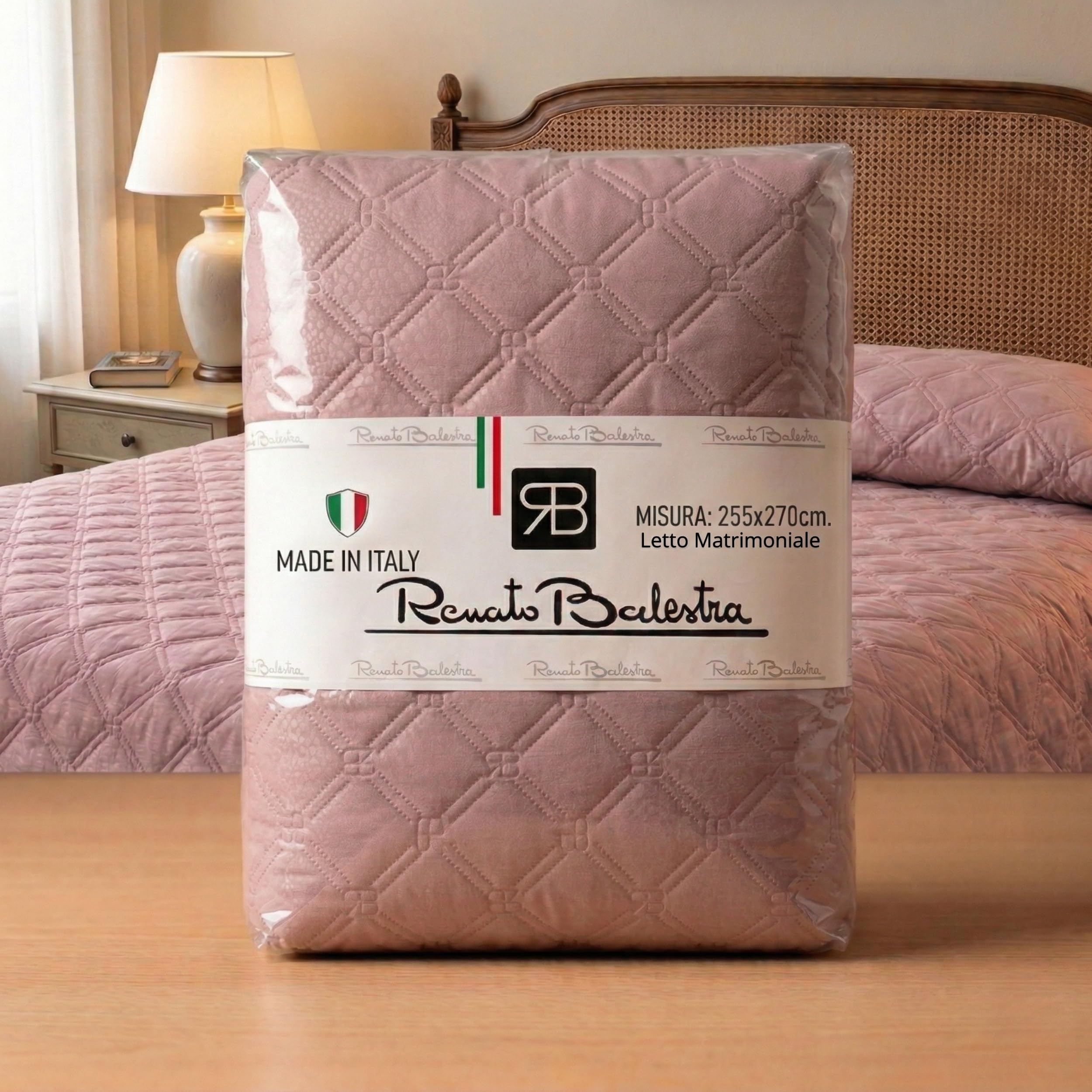 o-day Renato Balestra Frühlings-Steppdecke für Doppelbett, hergestellt in Italien, aus weichem Polyester, Sommer-Tagesdecke, einfarbig (Puder, Doppelbett 255 x 245 cm)