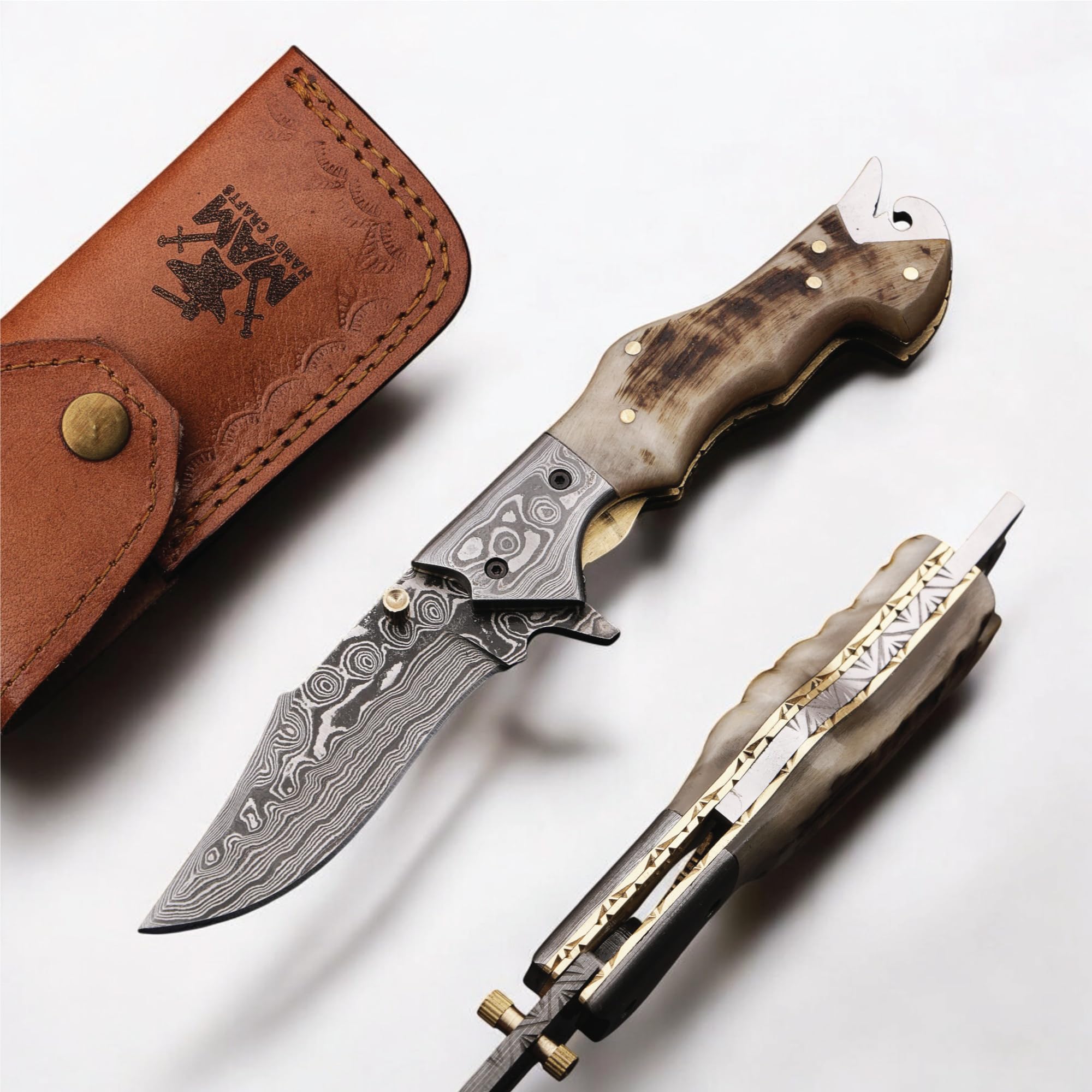 AAGLEZ MAM Handcrafted Damascus steel folding knife-7.5 inch with horn handle and leather sheath for hunting, camping, EDC and other outdoor adventures.