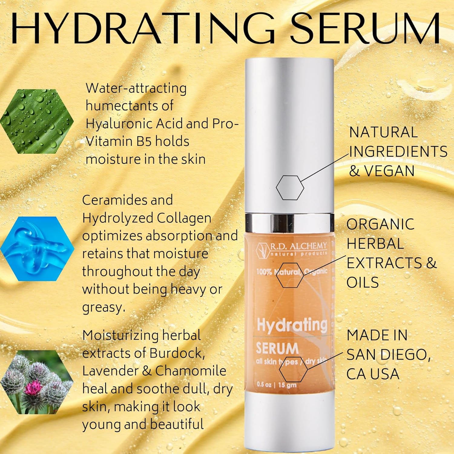 RD Alchemy - 100% Natural & Organic Hyaluronic Acid Hydrating Serum for hydrating & retaining moisture in dry & sensitive skin using Natural Humectants. For use by Everyone including Professionals