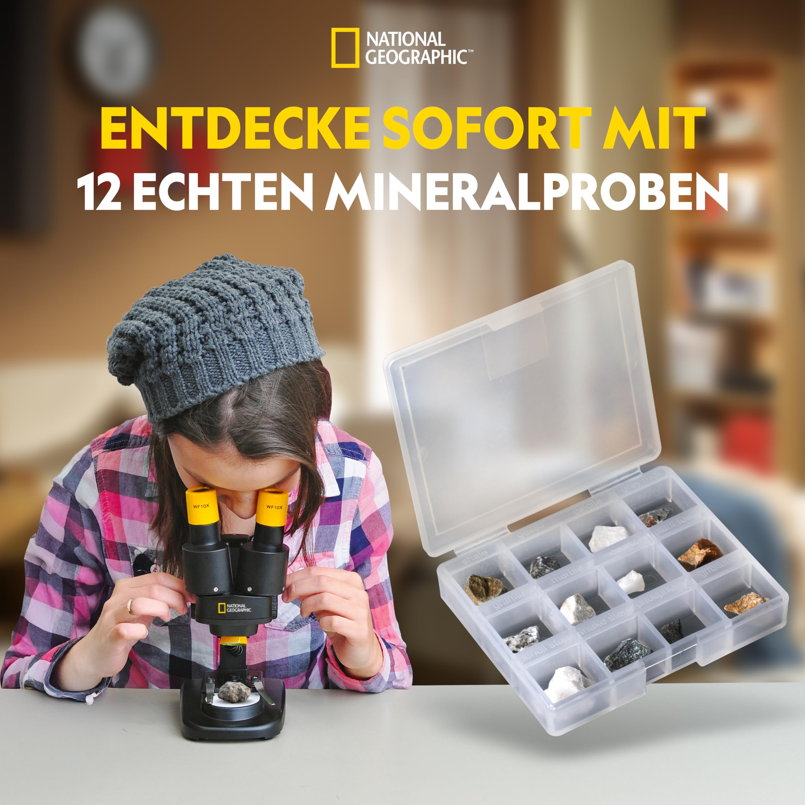 National Geographic Microscopio Stereoscopico 20x | Visione binoculare, Distanza interpupillare regolabile, 12 campioni minerali, Funzionamento a batterie, Per natura
