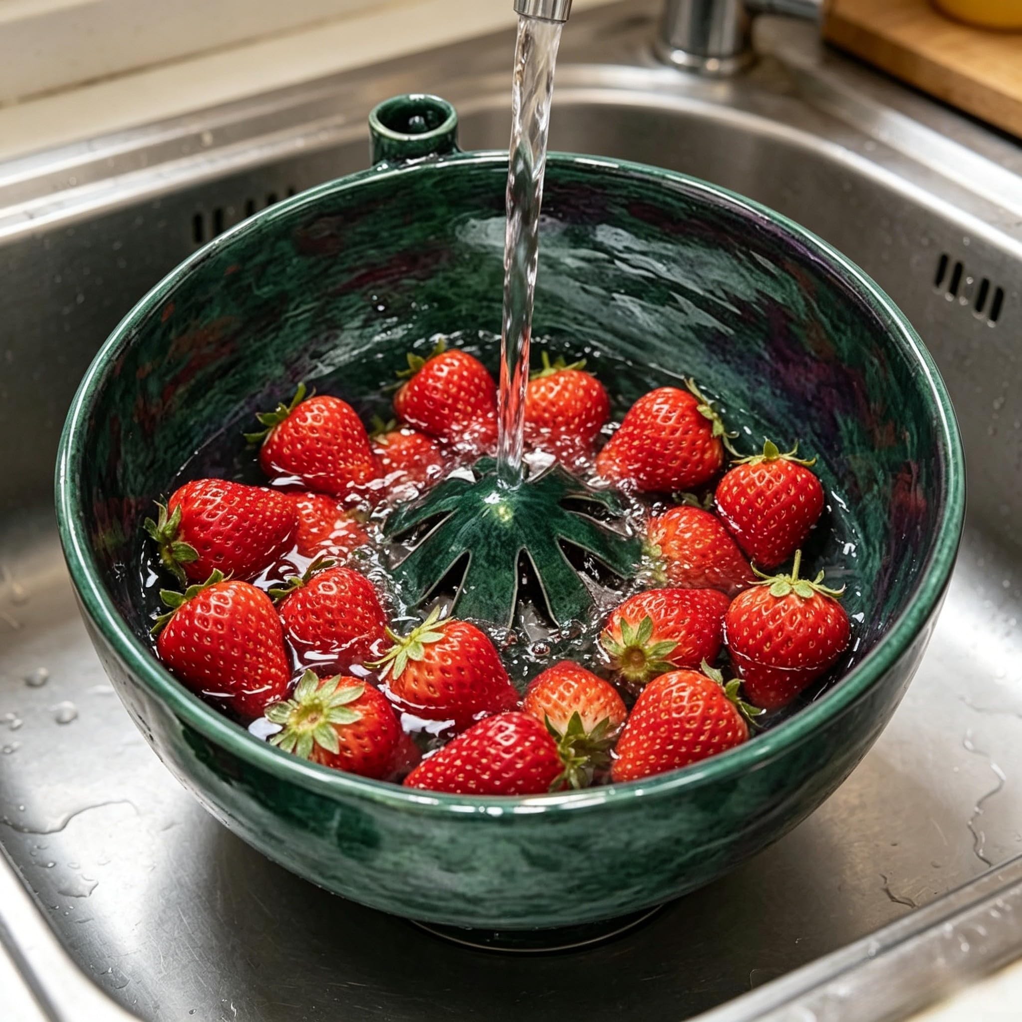 Cuenco de lavado de frutas autogiratorio, material de piedra para bayas delicadas, colador de drenaje rápido y plato para servir, diseño apilable que ahorra espacio