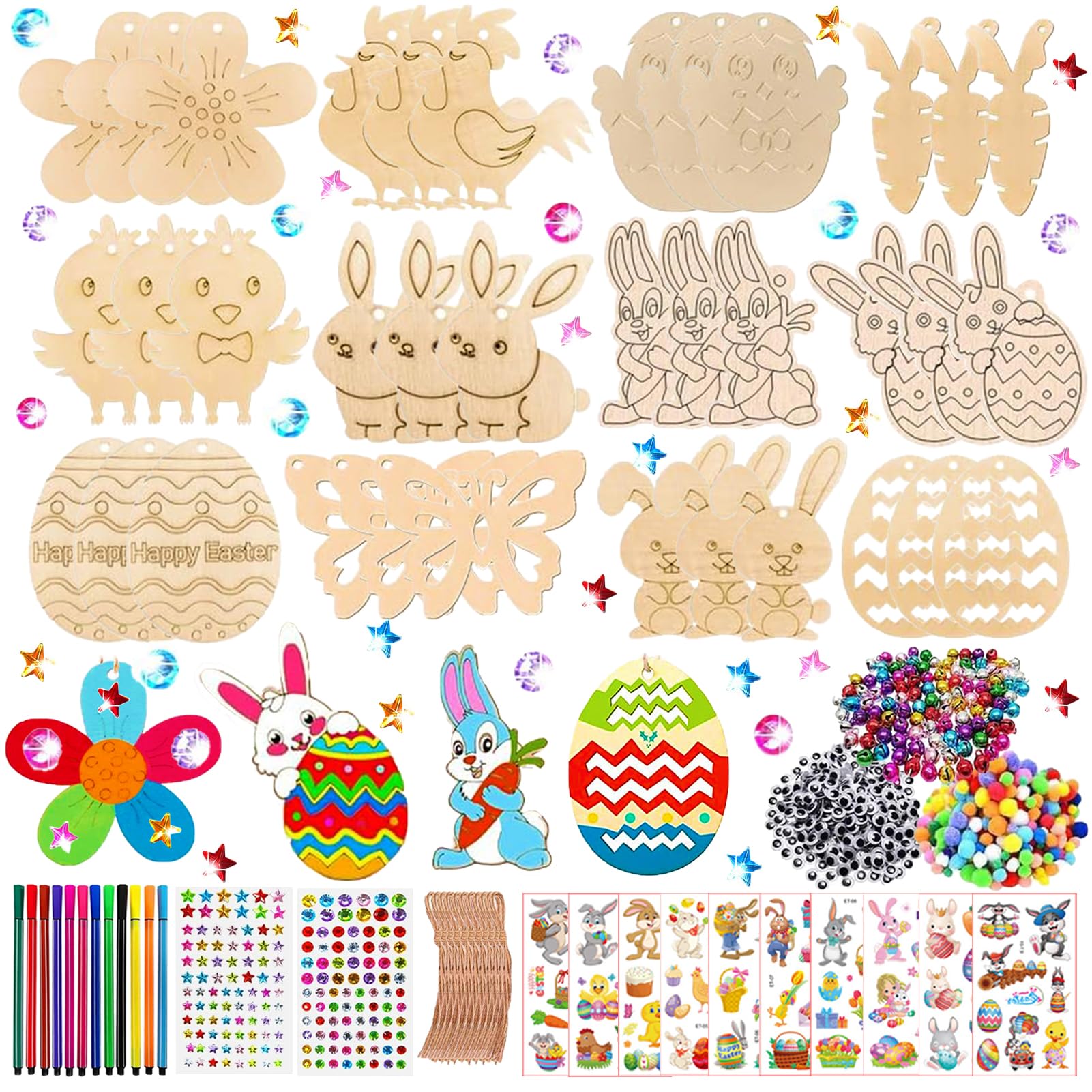 CIYIN Ostern Bastelset Für Kinder – 264 Teile, Holz-Anhänger Mit Loch, Farbstifte, Hanfseil, Für Osterdeko & Malen