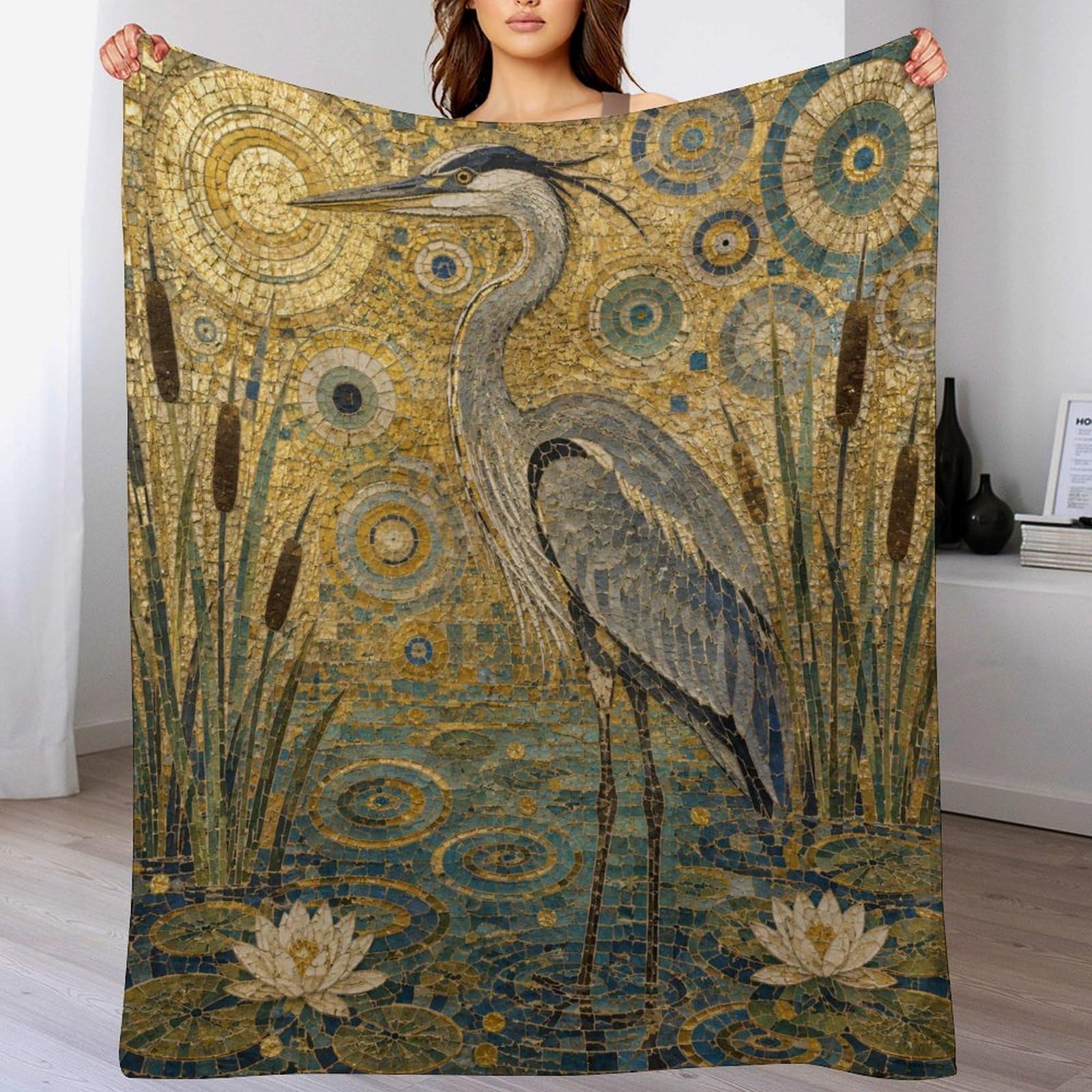 Airone e Loto Coperta Morbida Flanella Divano Letto Coperta Casa Divano | coperta pile divano con Mosaico in oro blu e Uccello delle zone umide, per angolo lettura, soggiorno, 175x200cm(70x80in)