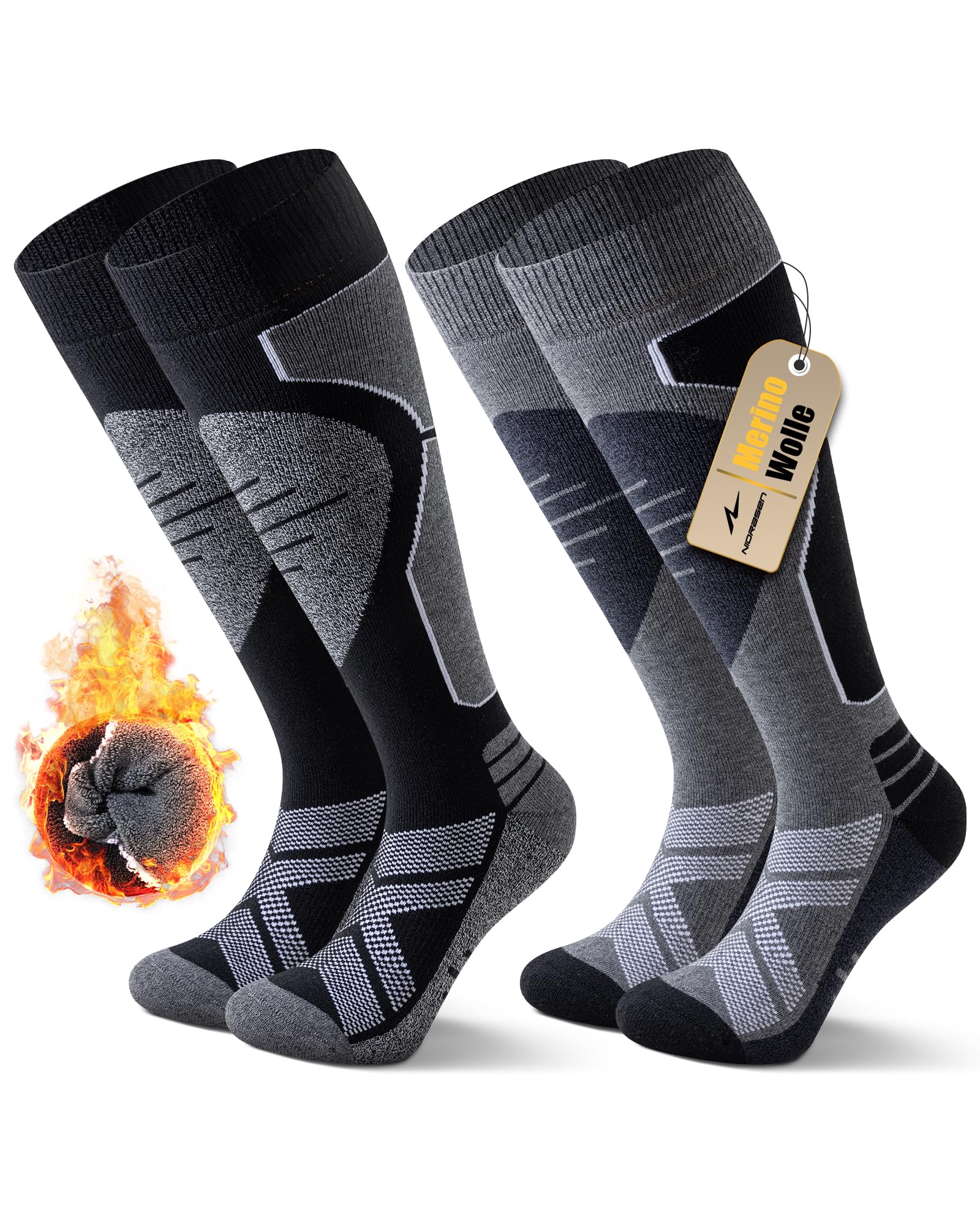 Niorasen Merino Skisocken Herren Damen, Thermo Snowboard Socken, 2/3 Paar | Warme Skistrümpfe mit Weich Polsterung, Merinowolle Thermosocken für Skifahren, Snowboarden, Jagen, Wandern, Wintersport