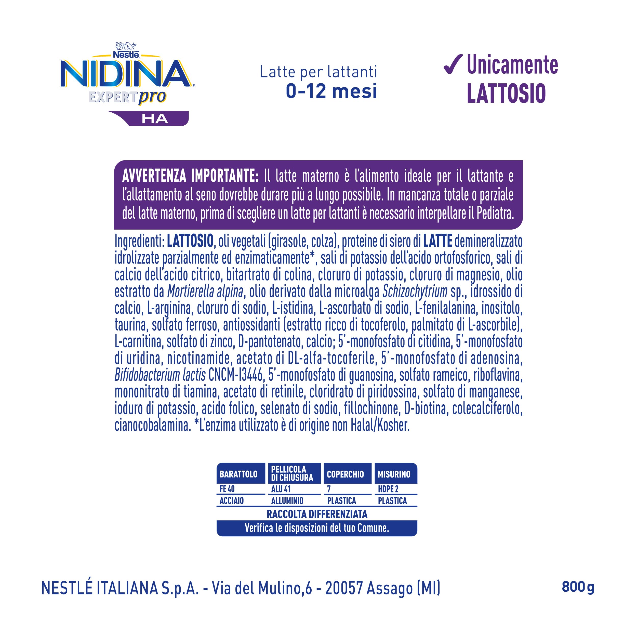 NIDINA EXPERTPRO HA Latte per Lattanti in Polvere dalla Nascita Latta 800g