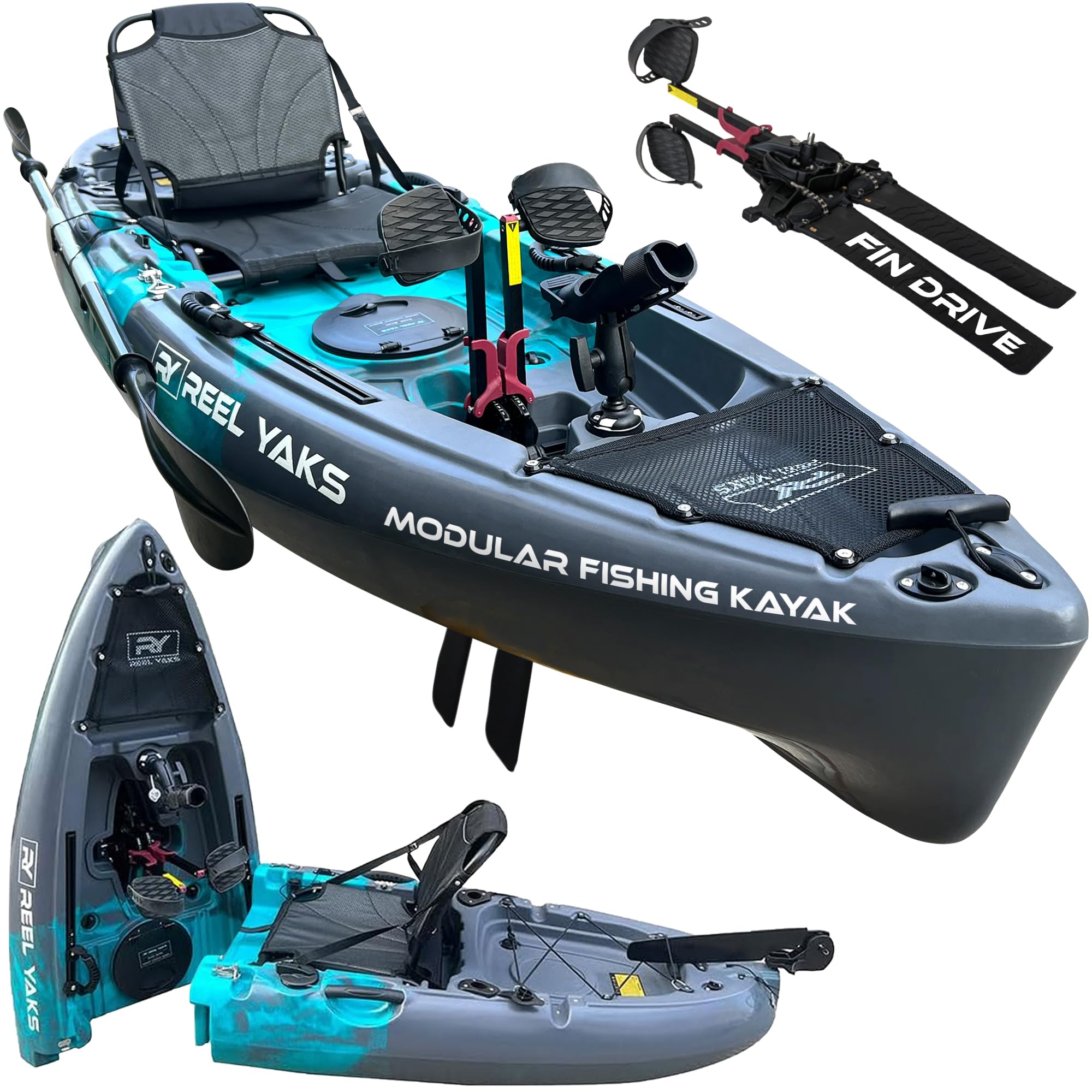 Reel Yaks Raptor Modular Fishing Kayak - 9.5ft Lightweight Fin Drive, Sit On Top Kayak for Adults & Youth - Stable & Portable, Ideal Space-Saving Design for Travel - 380lbs Capacity - Cyan Gray