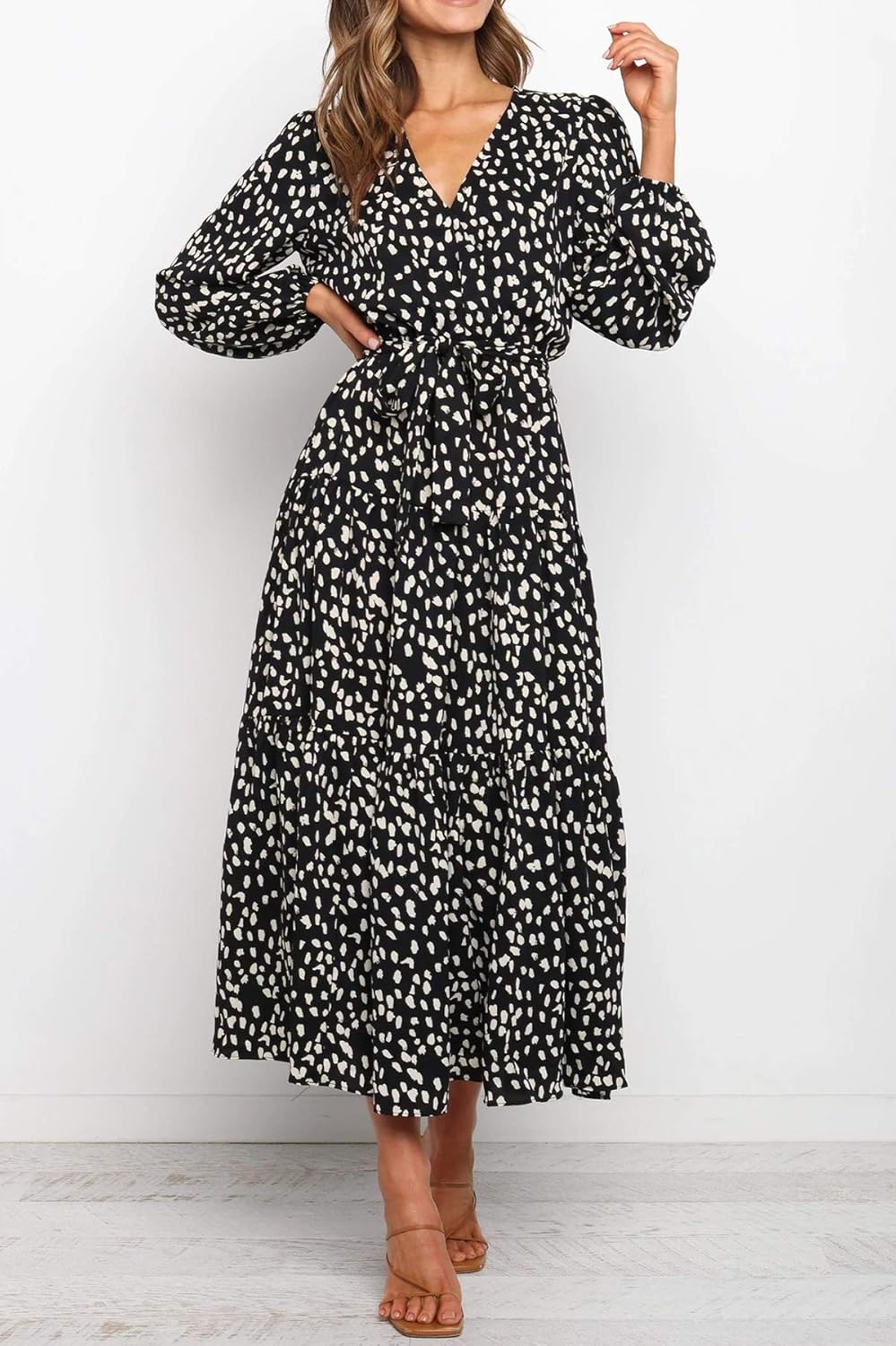 R.Vivimos Women's Fall Long Sleeve Casual Dresses Wrap V Neck Tiered Ruffle Flowy Midi Dress with Belt - Image 6