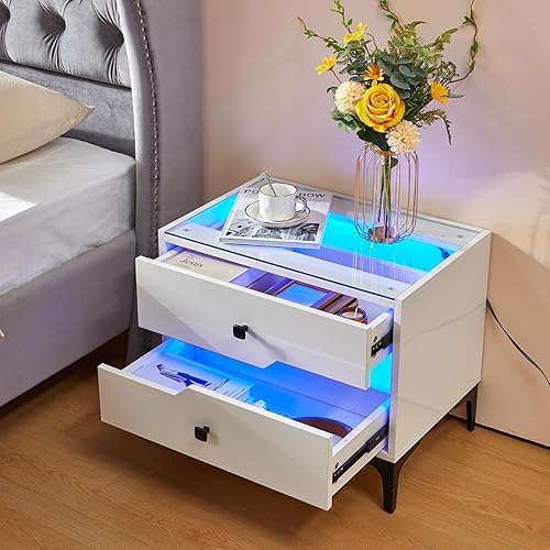 Miniatura 4 de Juego de 2 mesitas de noche LED, mesa auxiliar blanca con 16 luces LED de color, mesa de noche moderna de alto brillo con 2 cajones deslizantes de