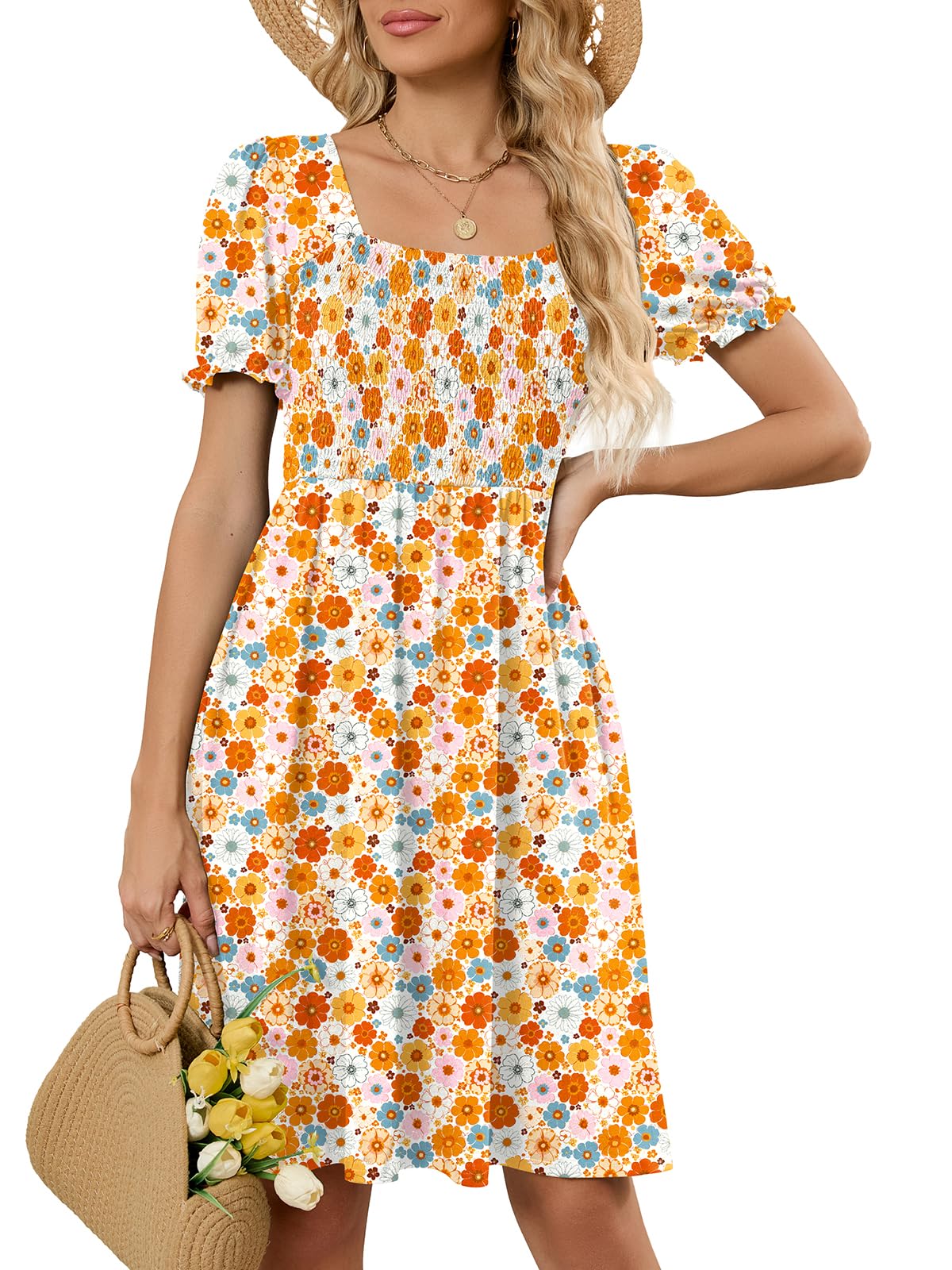 Naggoo Women's Summer Dresses Short Puff Sleeve Casual Square Neck Floral Print Smocked A Line Flowy Beach Sun Dresses Orange Floral Small
