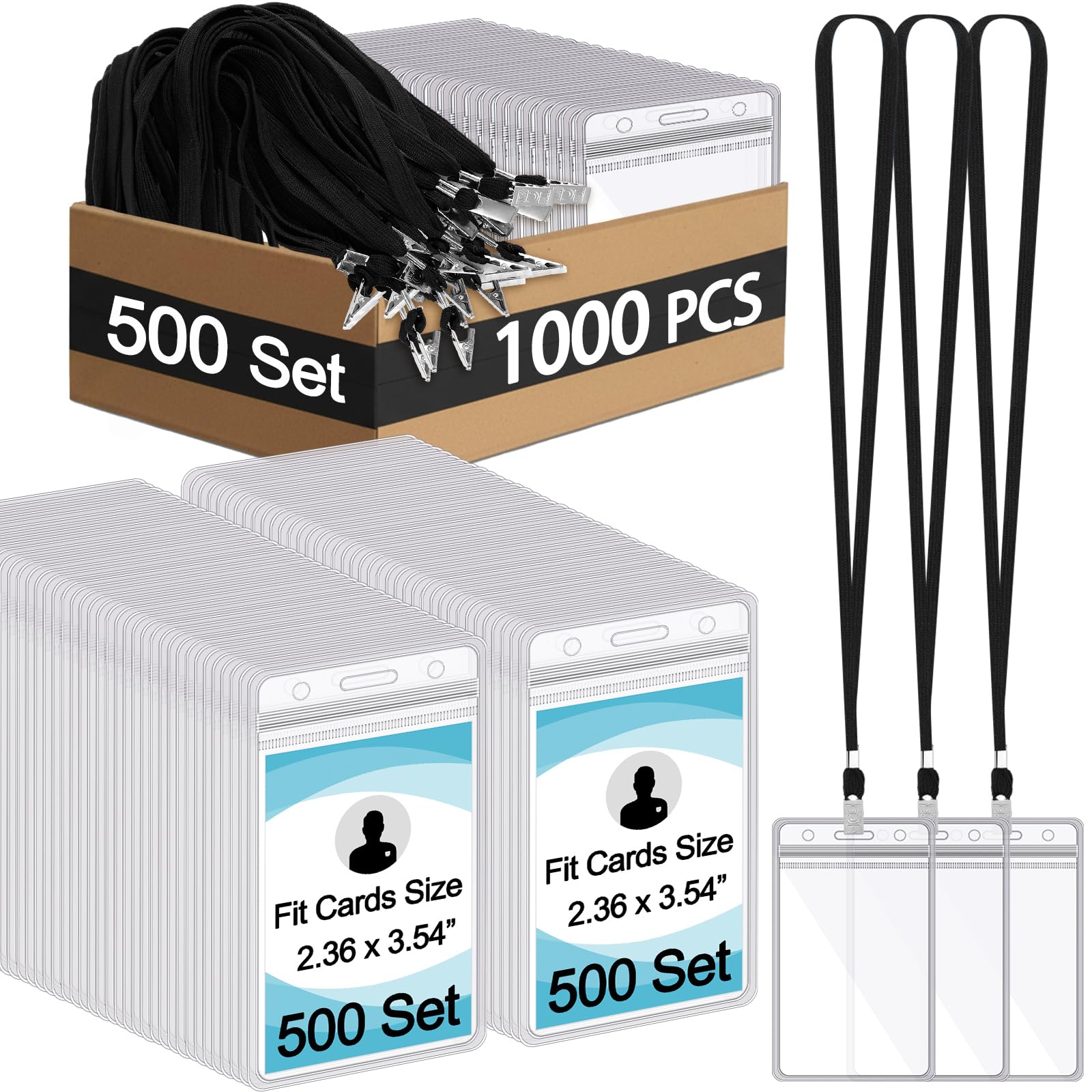 Zhehao 1000 Pcs Lanyard with ID Card Holder Bulk - Black Flat Neck Lanyards with Clip and Plastic Clear Vertical Resealable Name Badge Holder for School, Office, Hospital