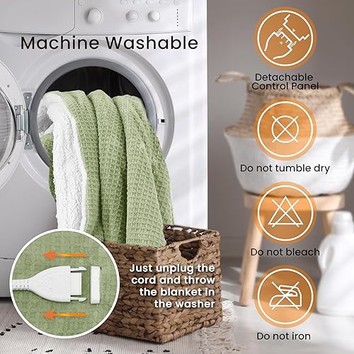 Miniatura 8 de Manta térmica eléctrica Queen Waffle, 84 x 90 pulgadas, doble controlador, manta de forro polar Sherpa de calentamiento rápido, 6 niveles de