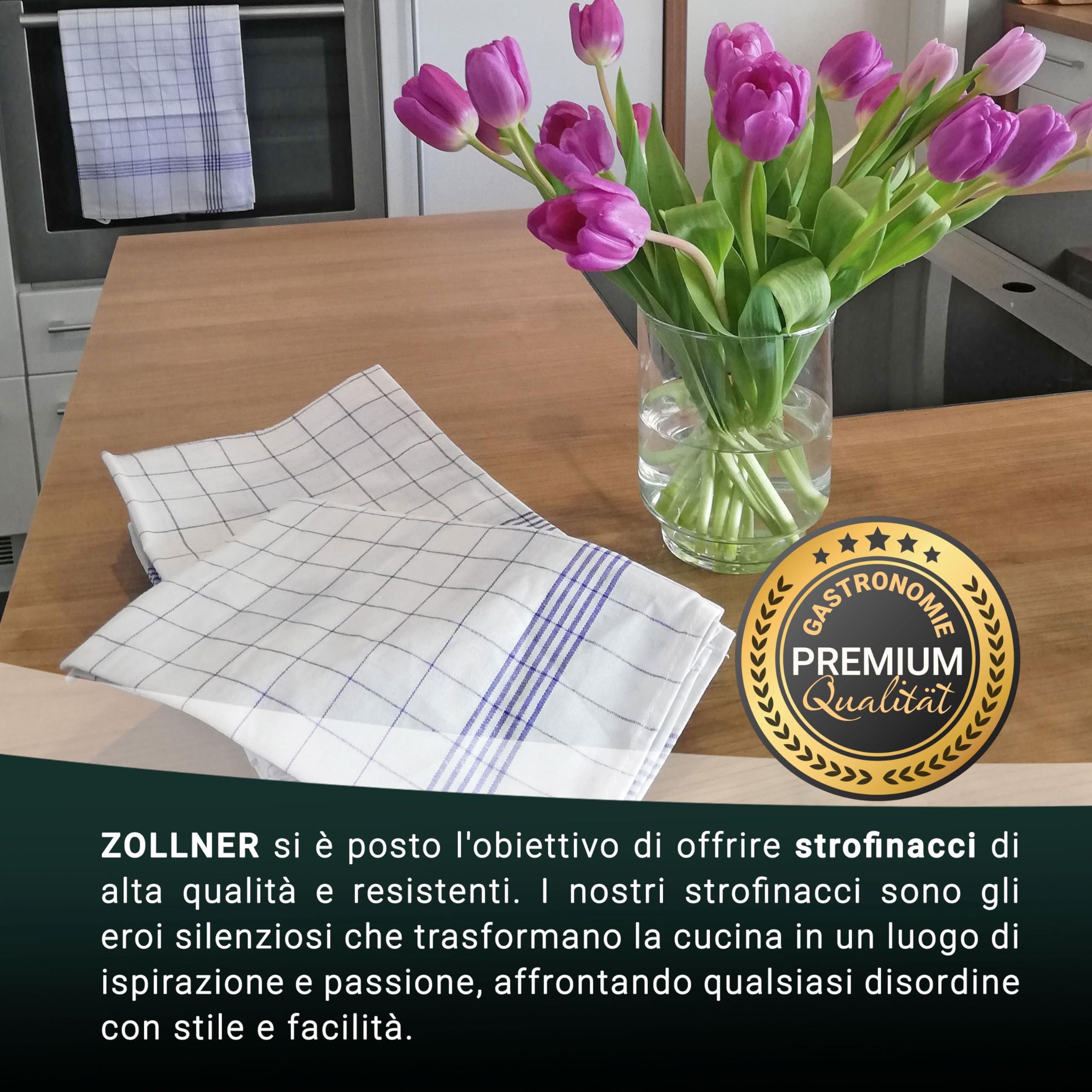 ZOLLNER 12 strofinacci, cotone-lino, 50x70 cm, super assorbenti, senza pelucchi - lavabili a 95°C - a quadri blu e bianchi - qualità gasdtronomica - certificato Oeko Tex®