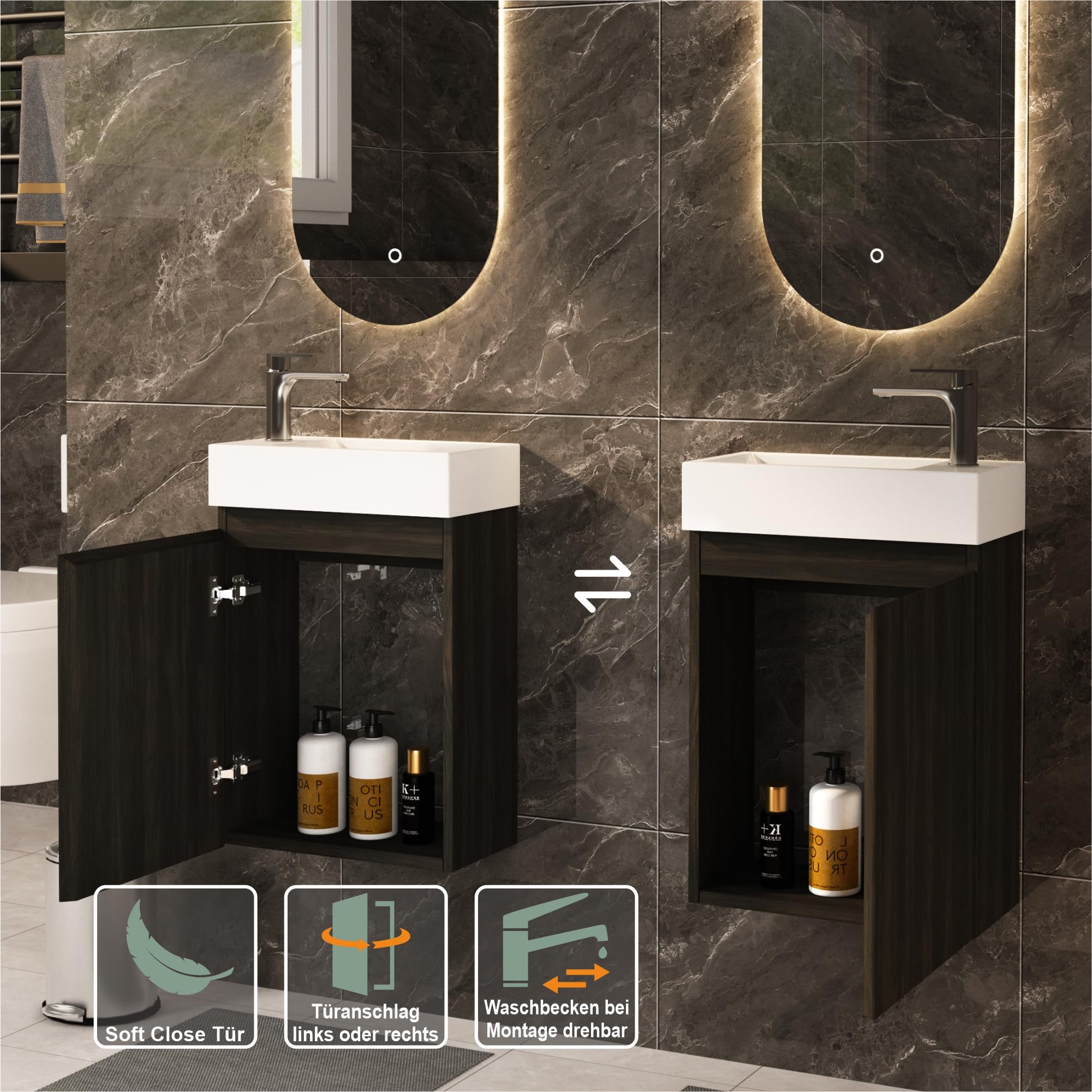 Waschtisch mit Unterschrank 40 cm- Badmöbel Set mit Waschbecken, Vormontiert Waschbeckenunterschrank Klein für Bäder, Gäste WC(Schwarz)